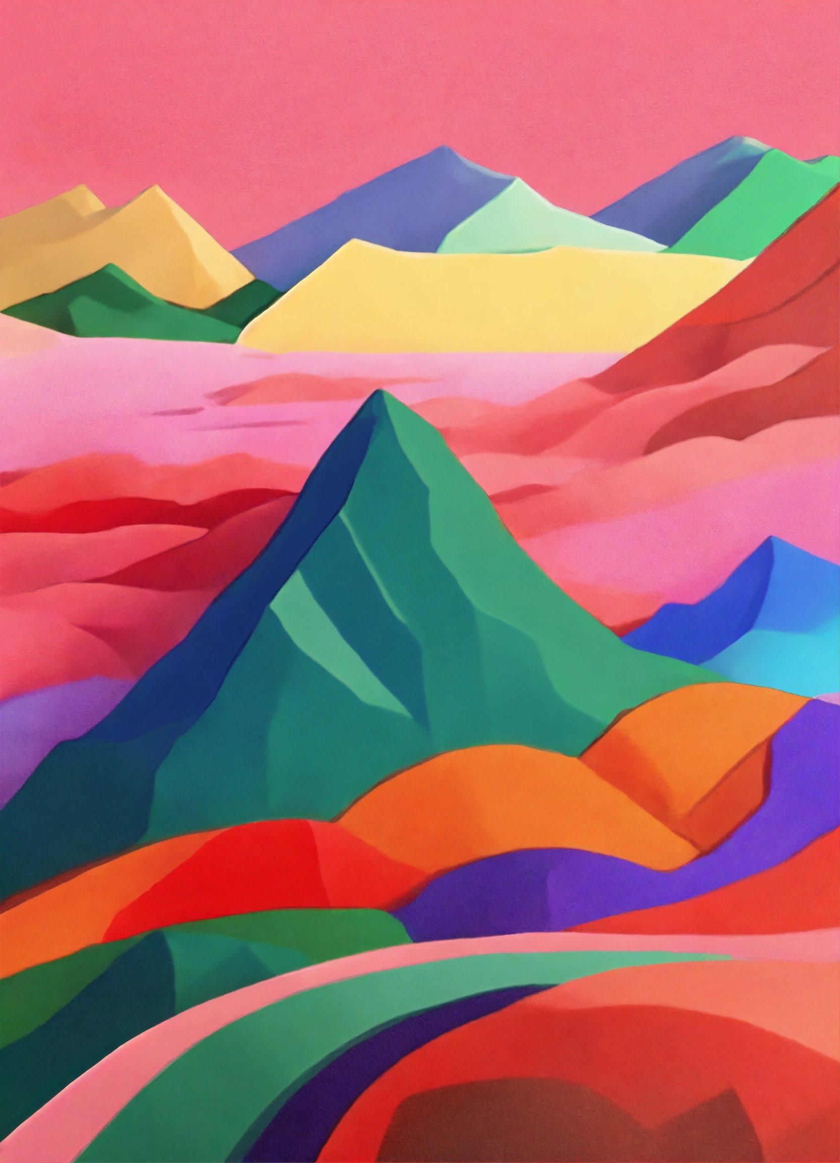 A Painting Of A Mountain Range With A Pink Sky