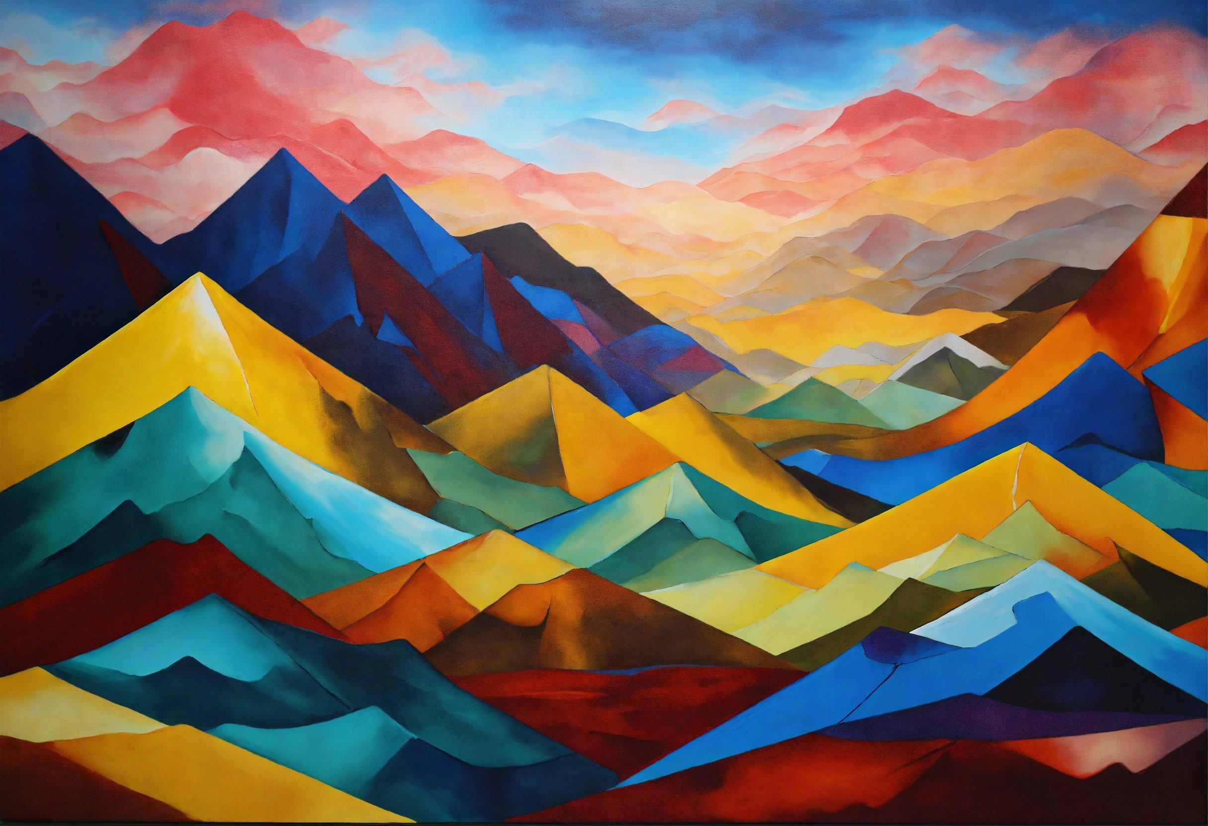 A Painting Of A Mountain Range With Red, Yellow, Blue, And Green Colors