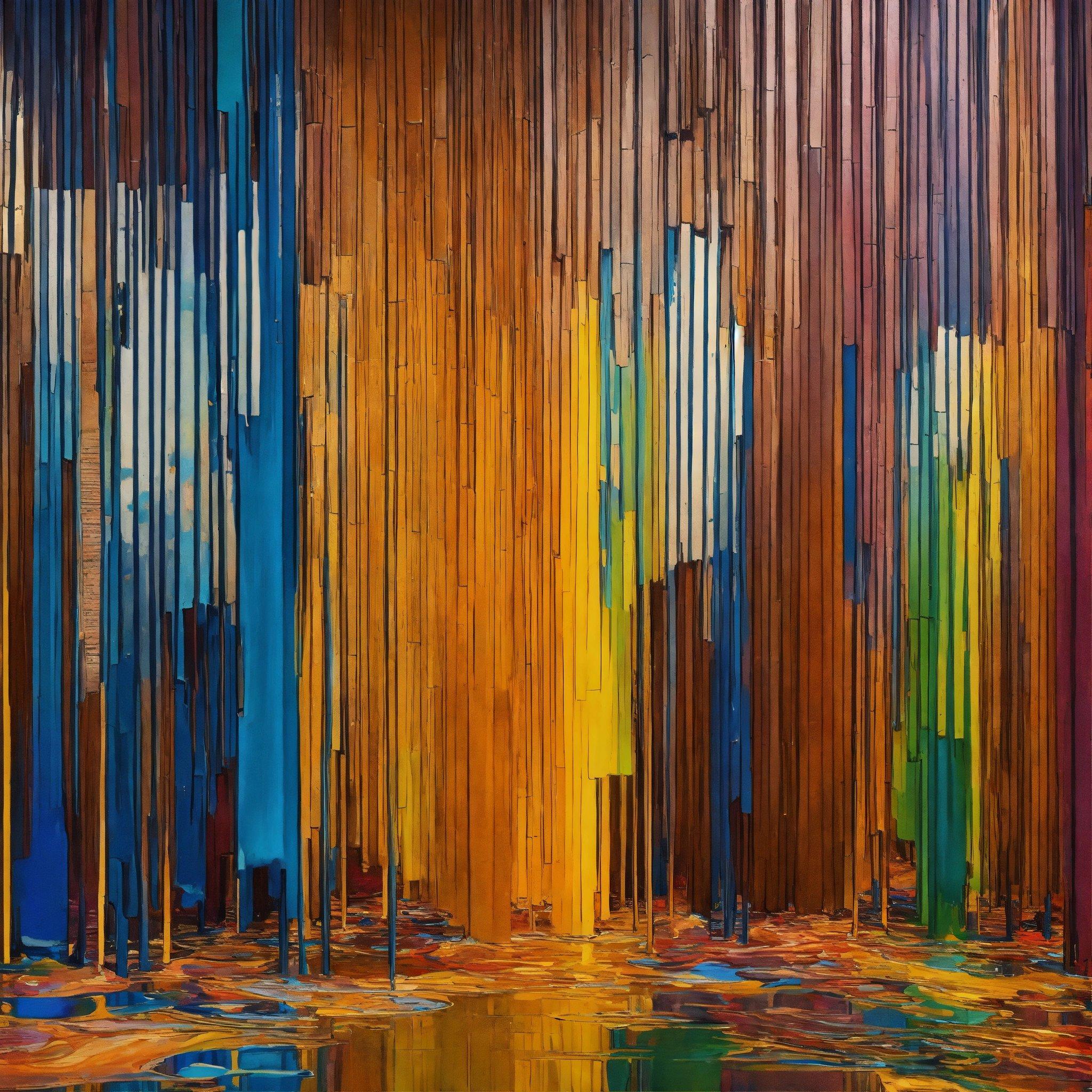 A Painting Of A Multicolored Building With A Reflection In The Water