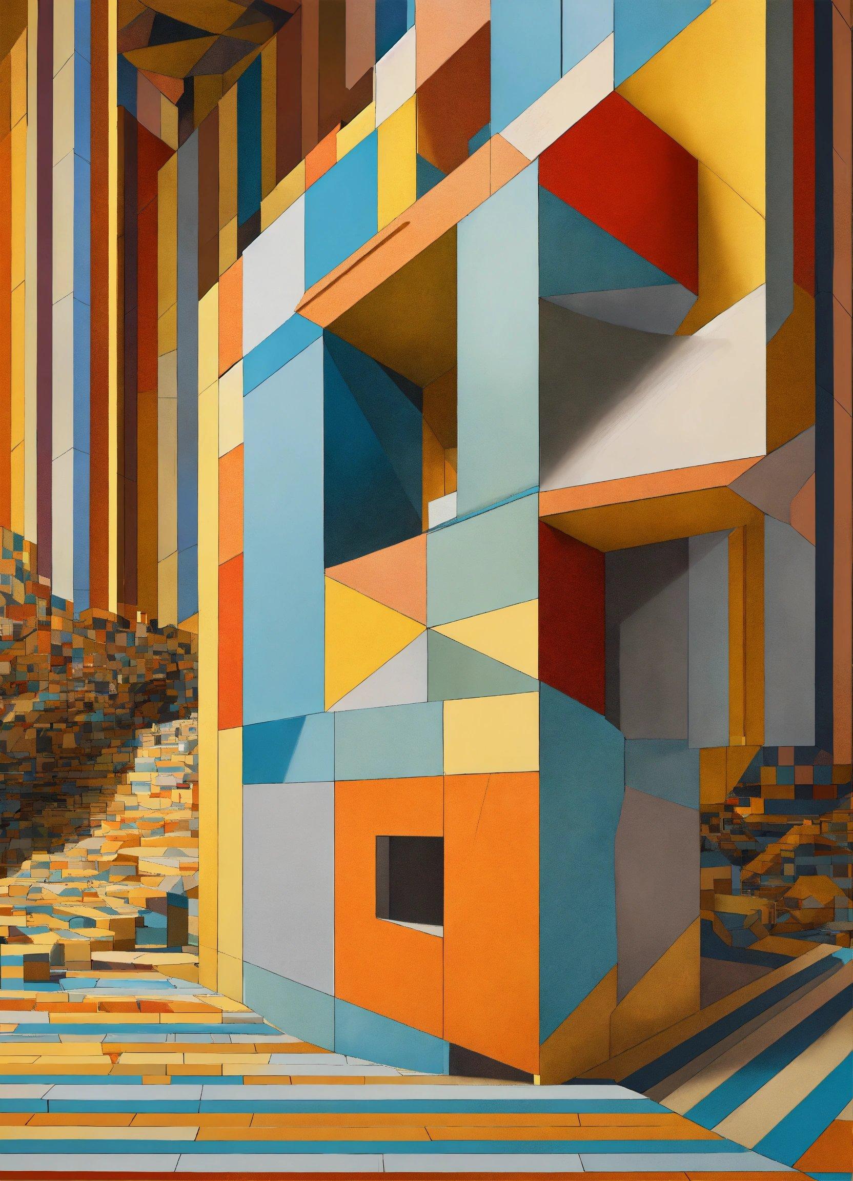 A Painting Of A Multicolored Building With A Staircase