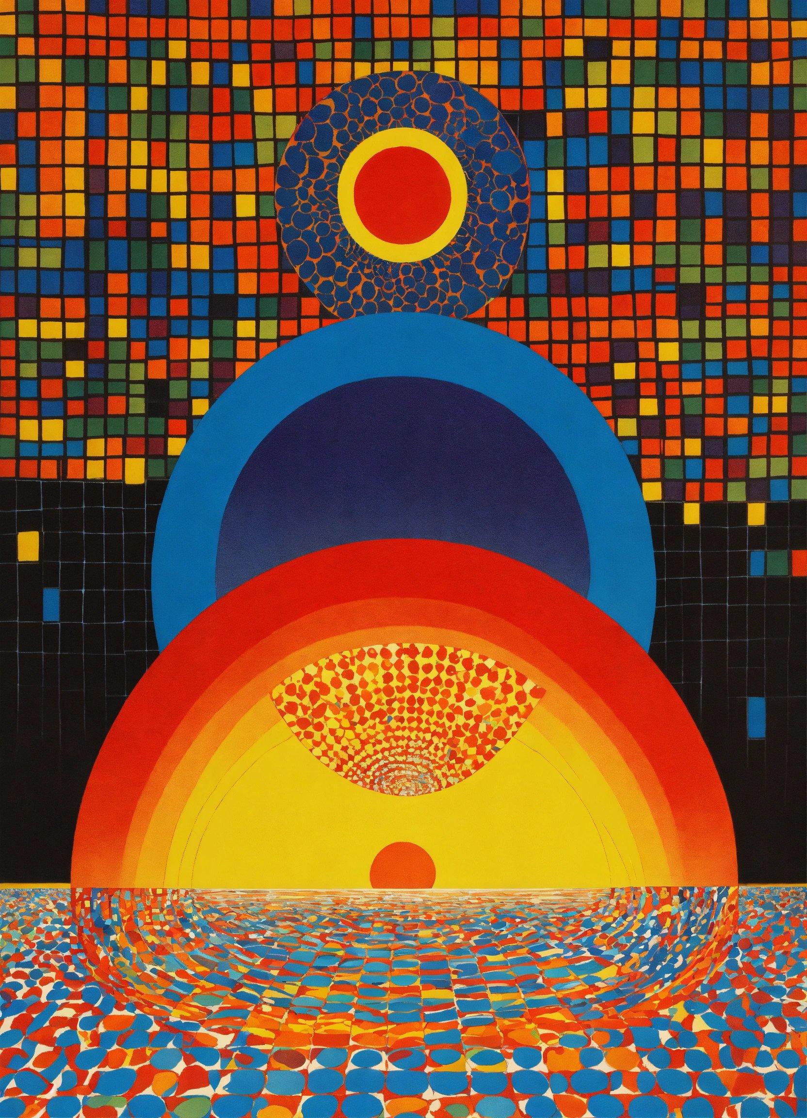 A Painting Of A Multicolored Building With A Sun In The Middle