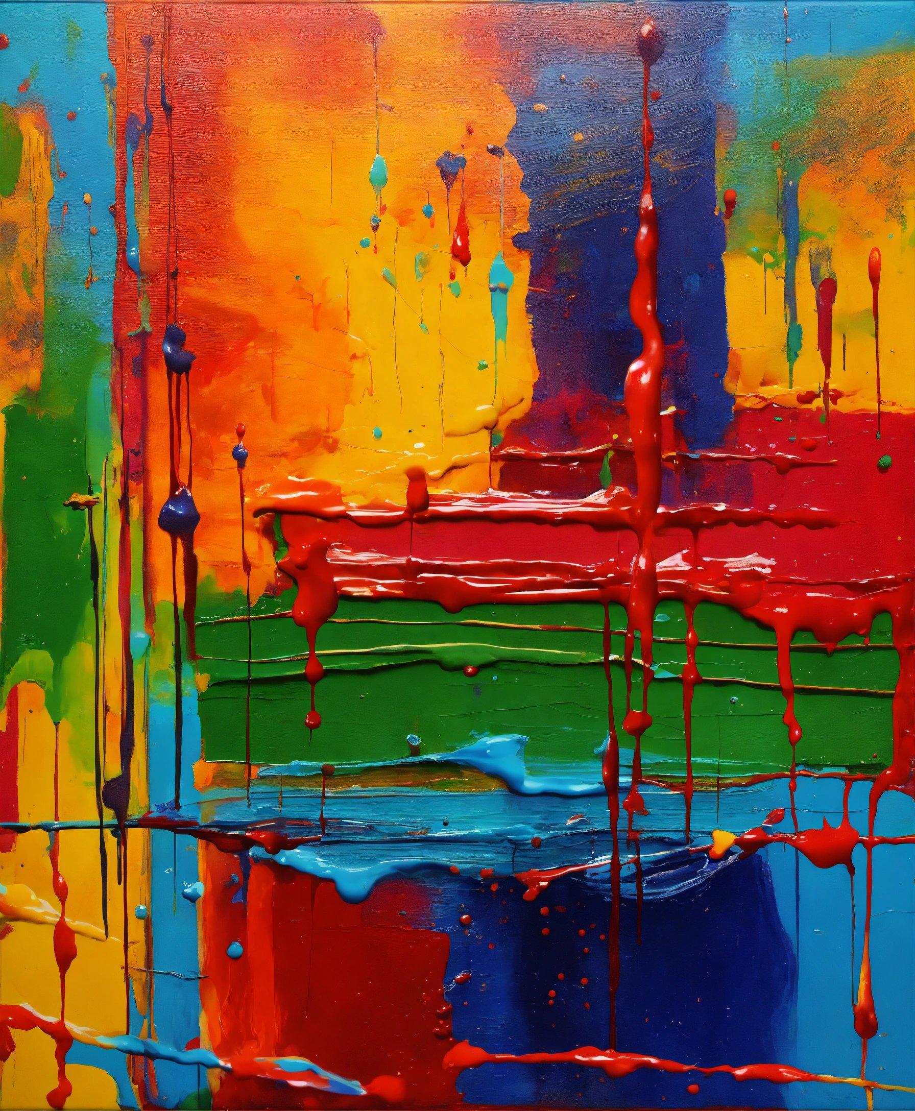 A Painting Of A Multicolored Building With Dripping Paint