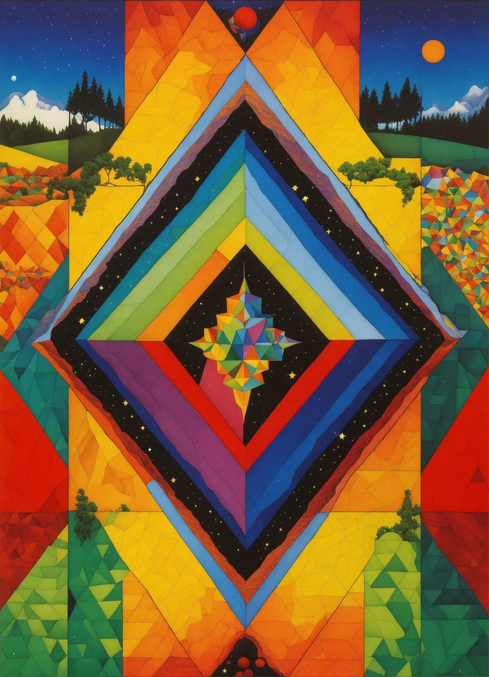 A Painting Of A Multicolored Diamond With Trees In The Background