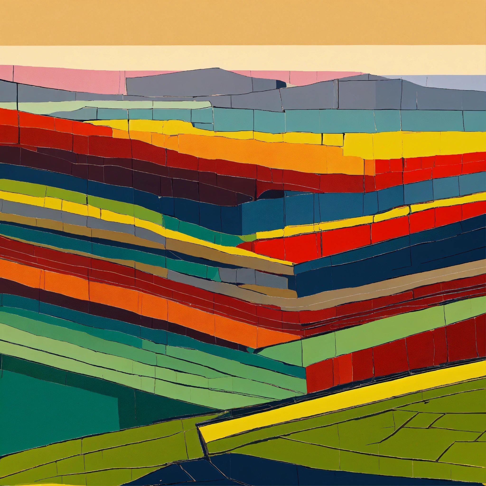 A Painting Of A Multicolored Landscape With Hills