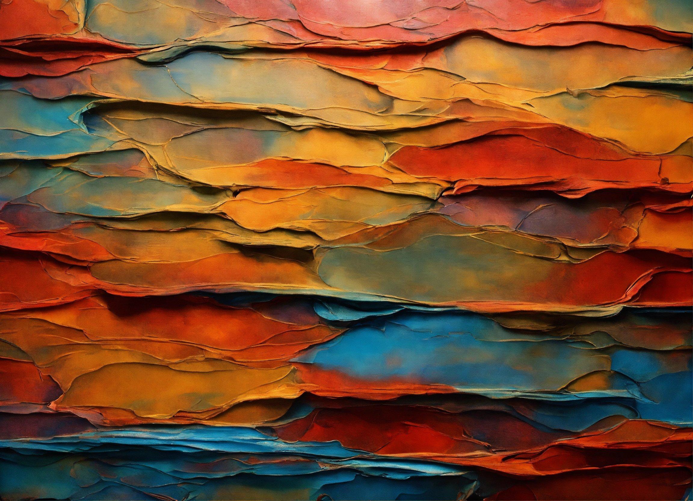 A Painting Of A Multicolored Mountain With A Sky In The Background