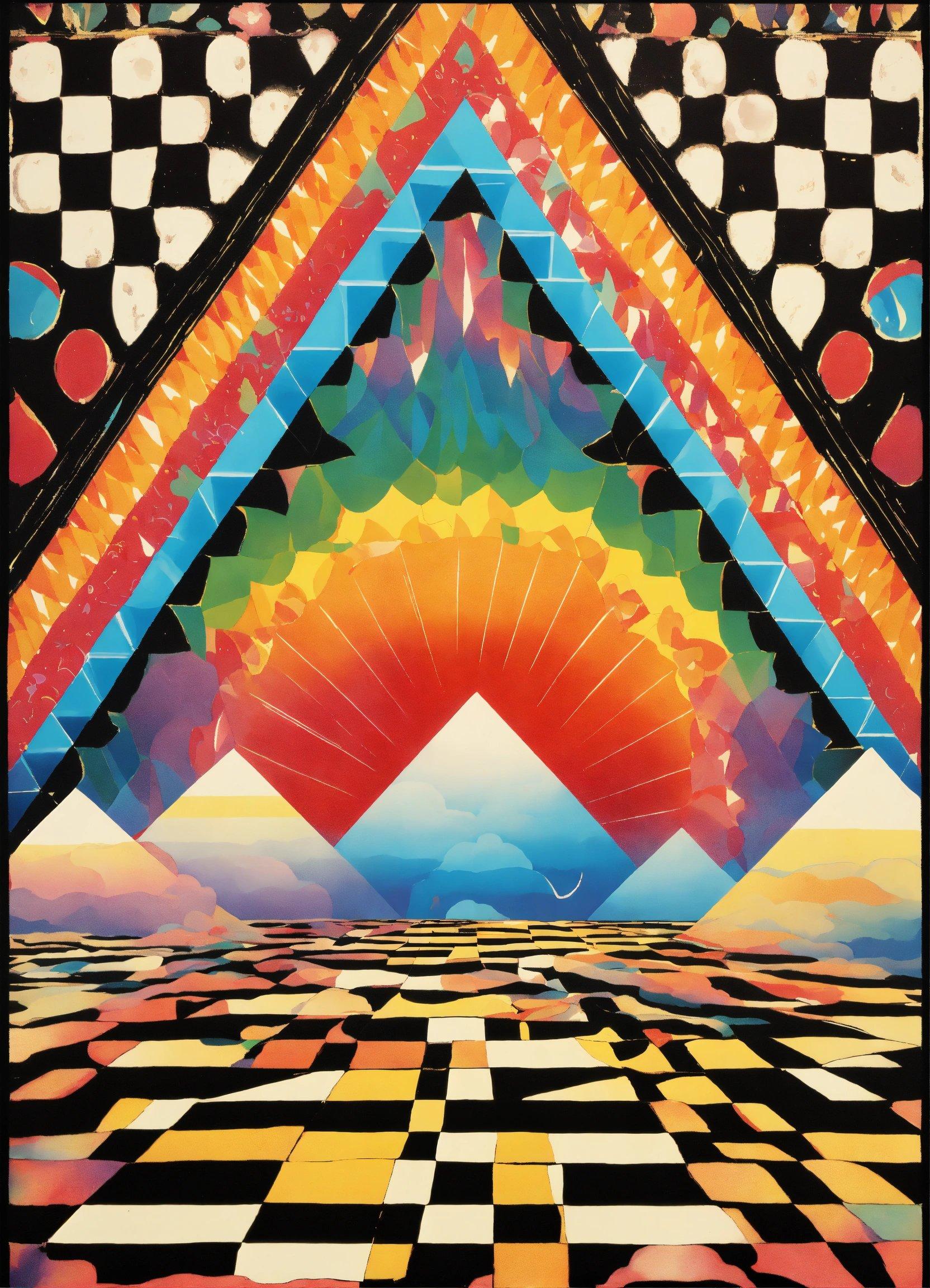 A Painting Of A Multicolored Pyramid With A Sky Background