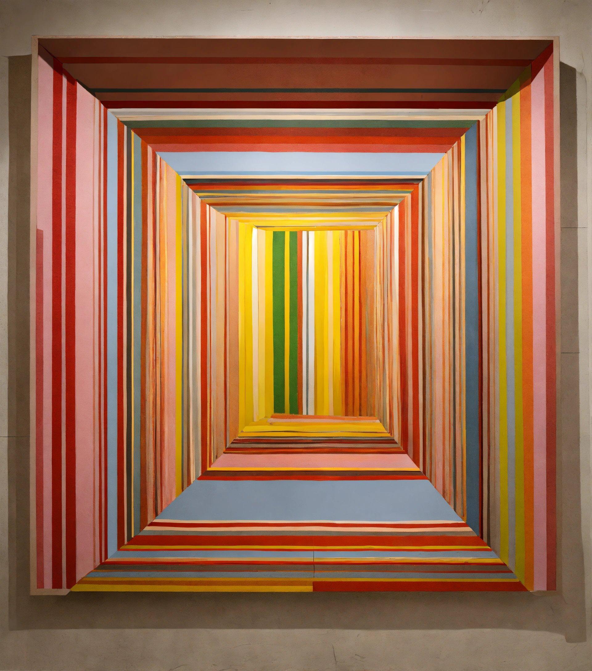 A Painting Of A Multicolored Room With A Blue Floor