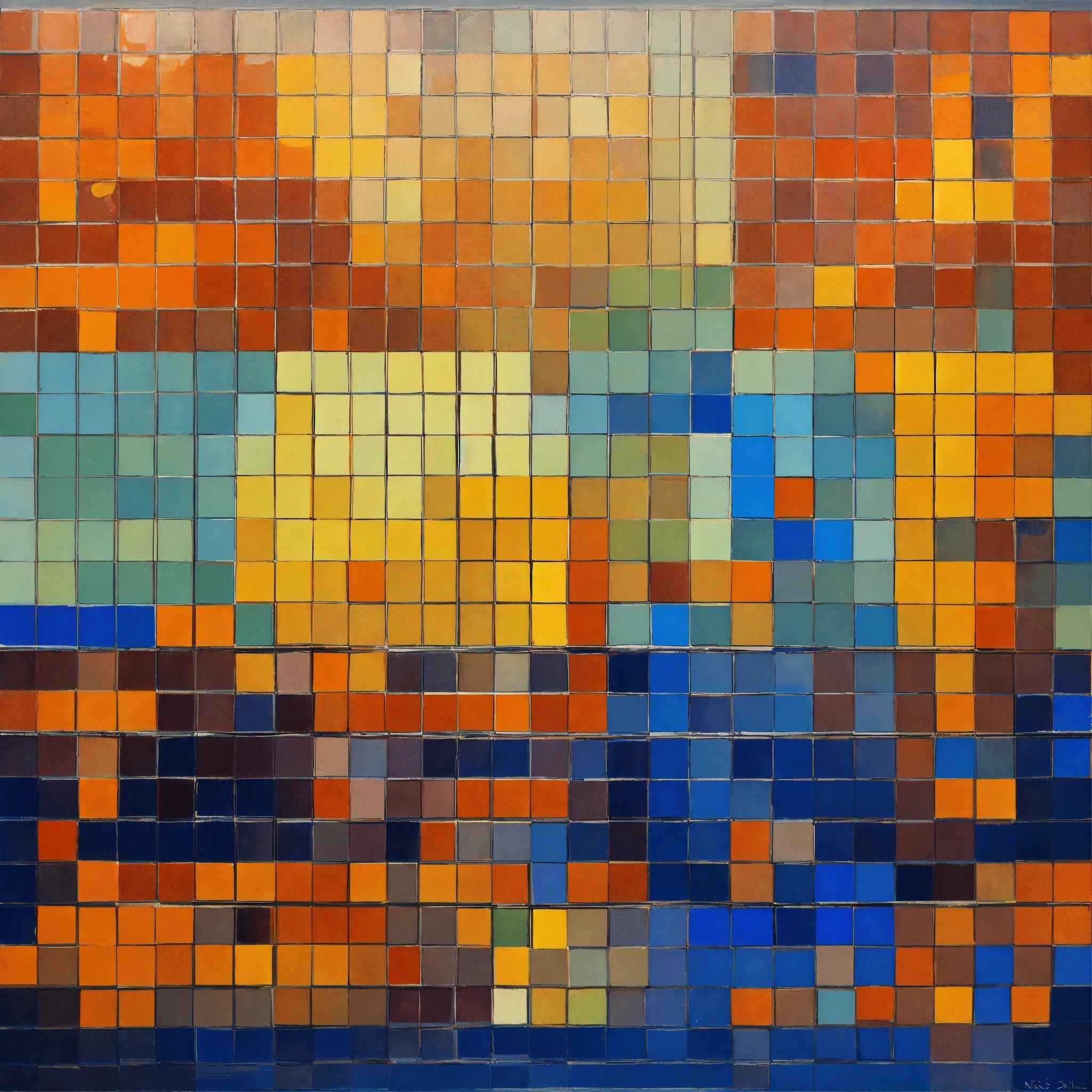 A Painting Of A Multicolored Tile Wall