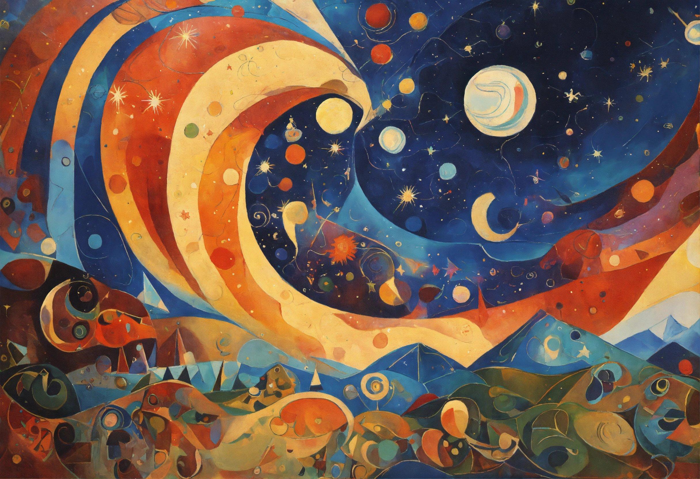 A Painting Of A Night Sky With Stars And Planets