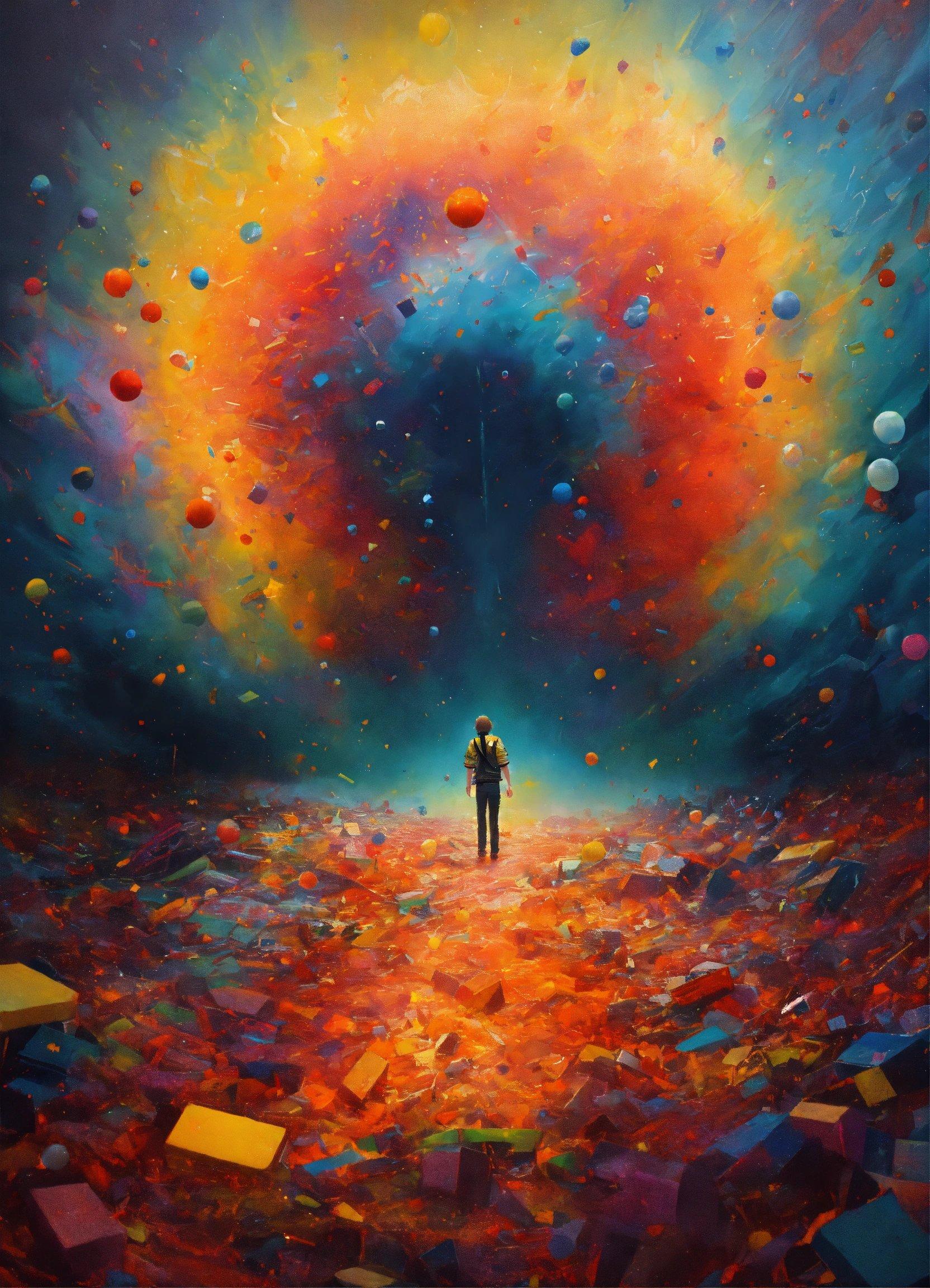 A Painting Of A Person Standing In Front Of A Colorful Vortex