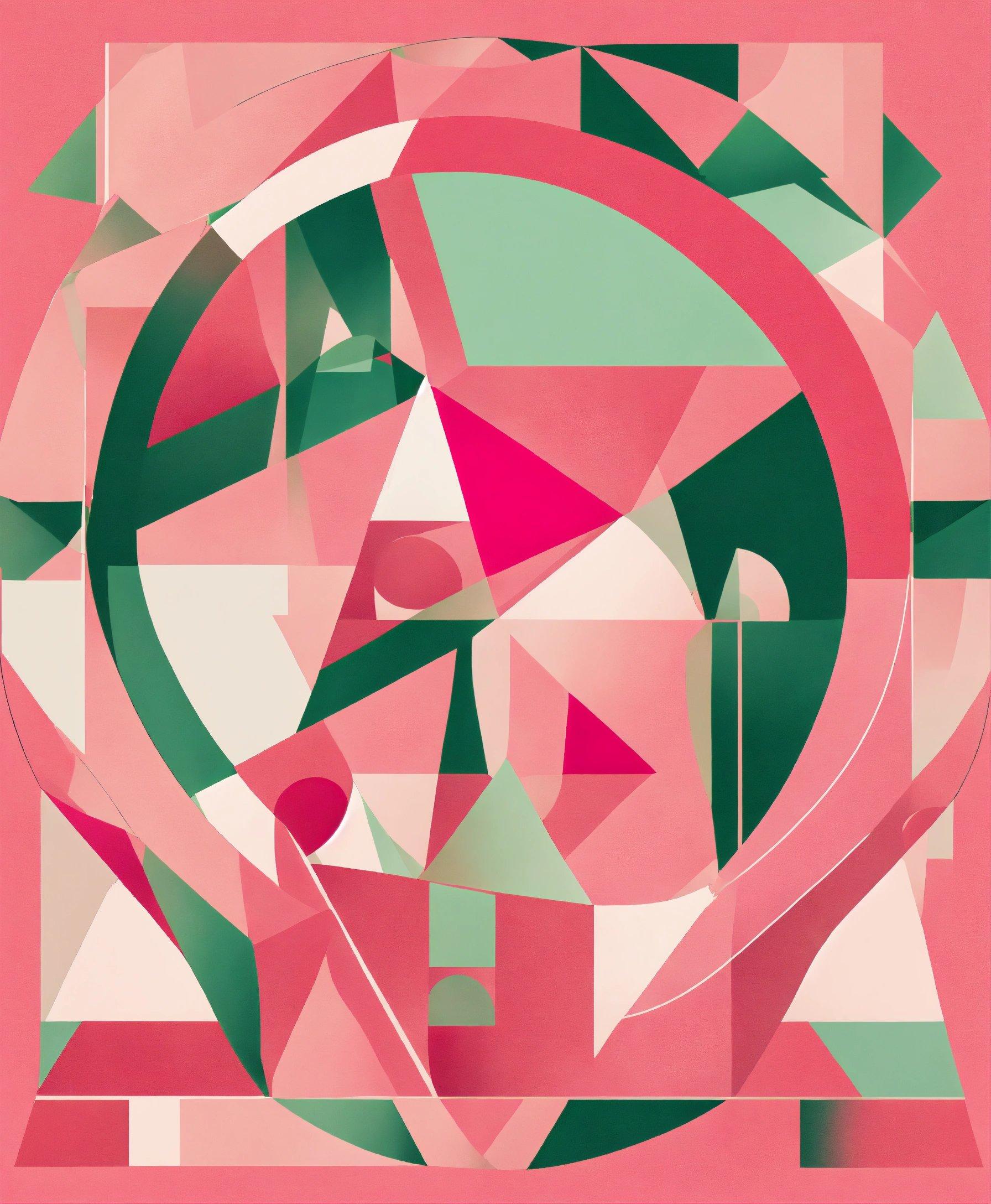 A Painting Of A Pink Background With Green And Pink Shapes