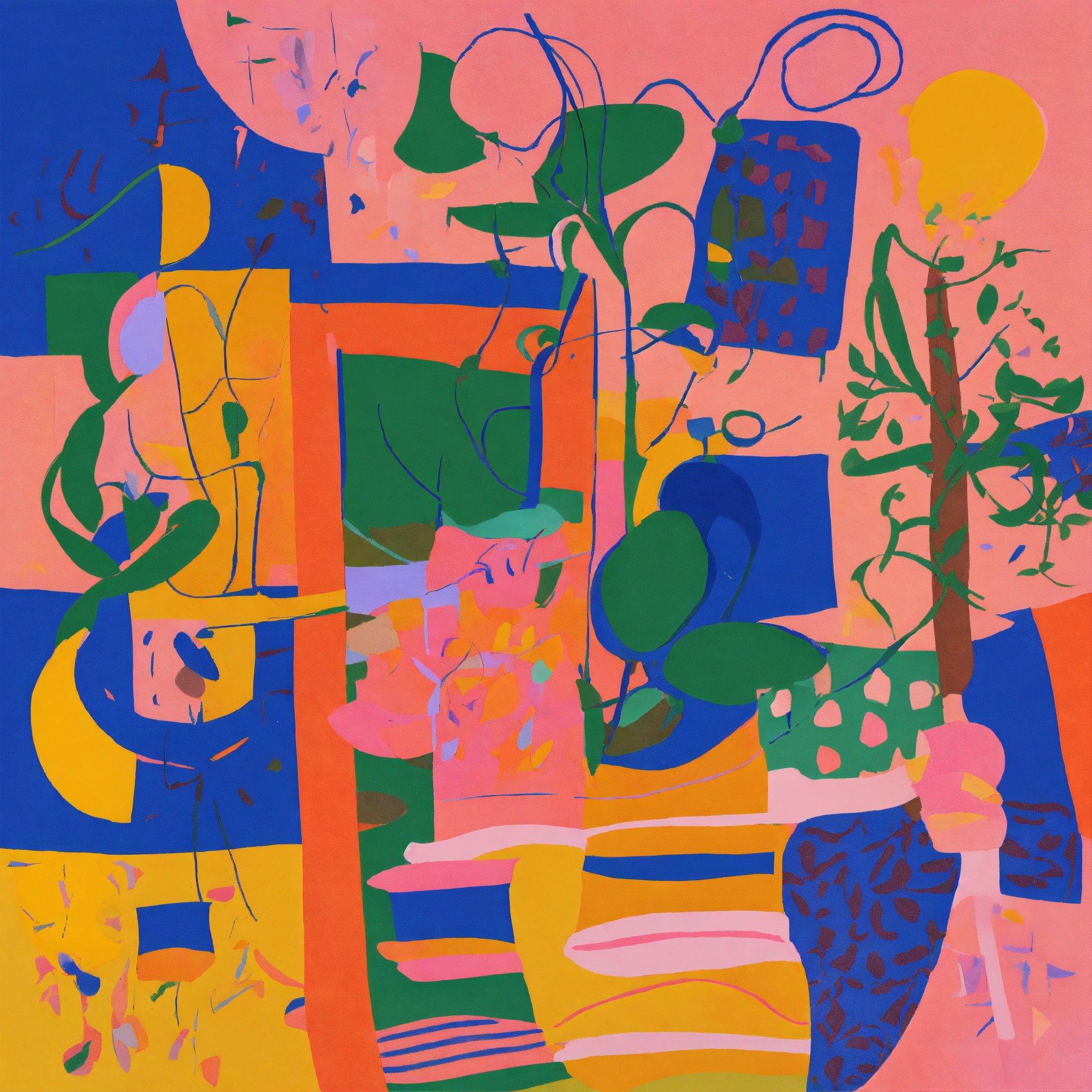 A Painting Of A Pink, Blue, Yellow, And Green Color Scheme