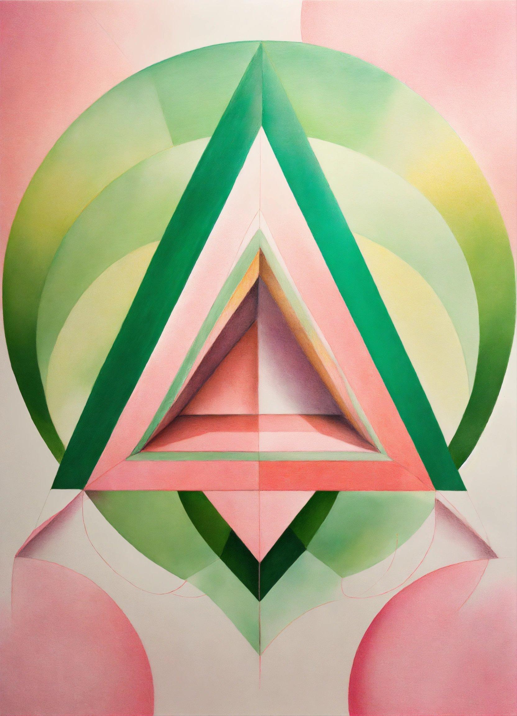 A Painting Of A Pink, Green And White Triangle