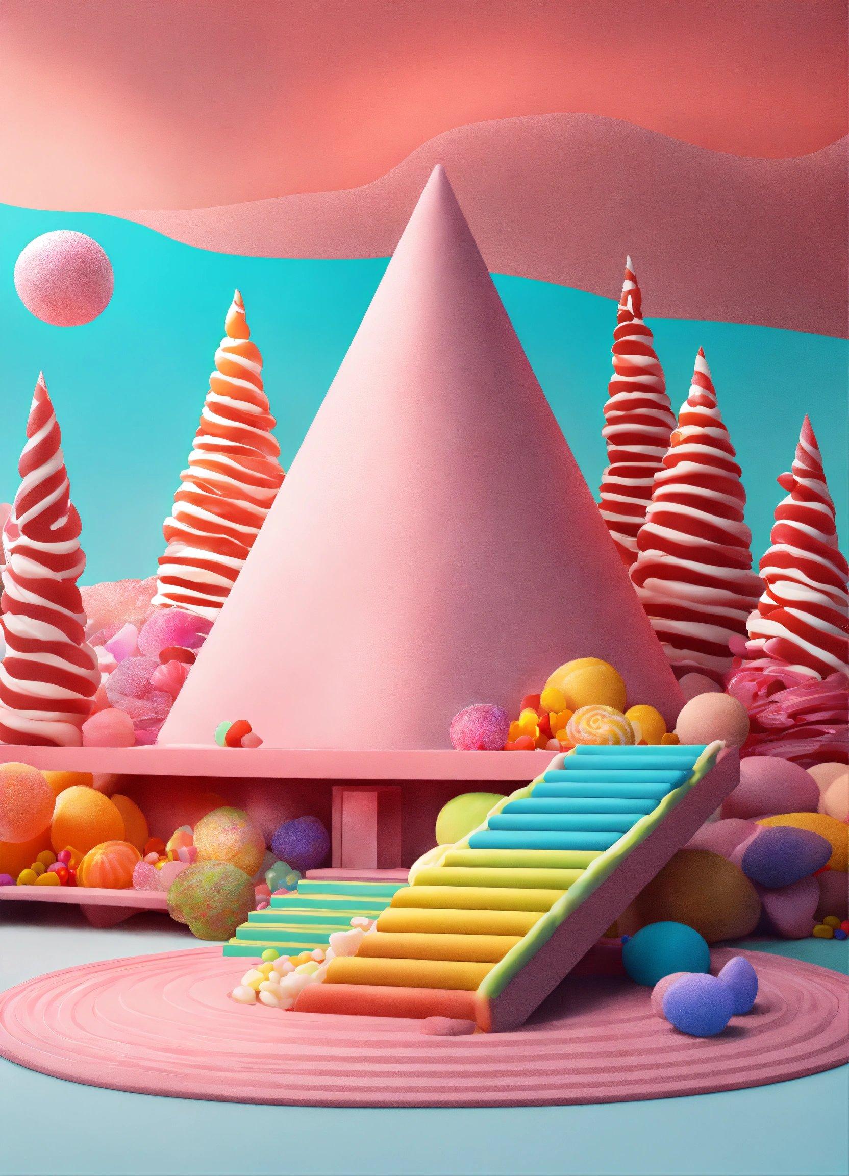 A Painting Of A Pink House With A Slide In Front Of It