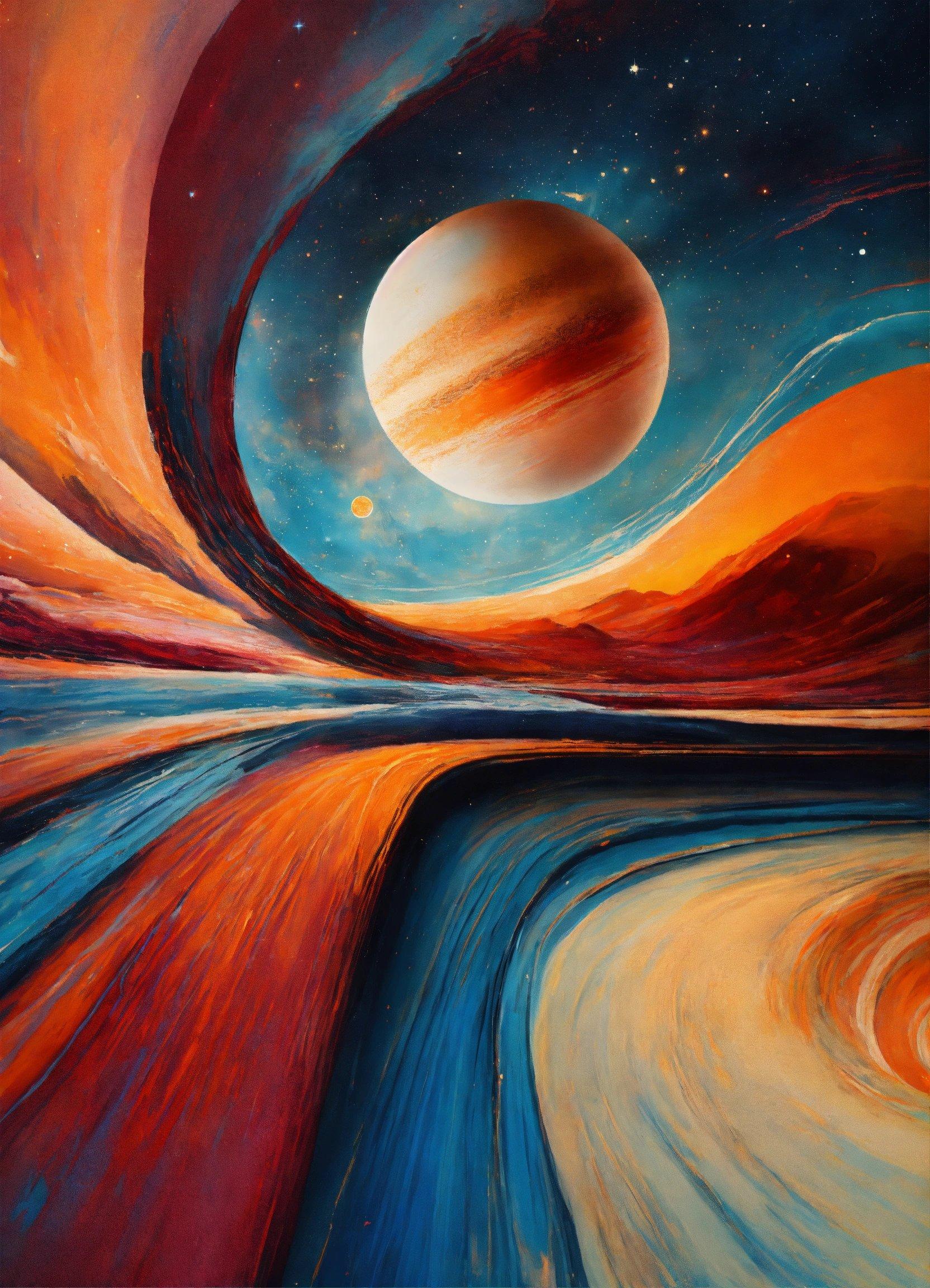 A Painting Of A Planet And Its Surroundings