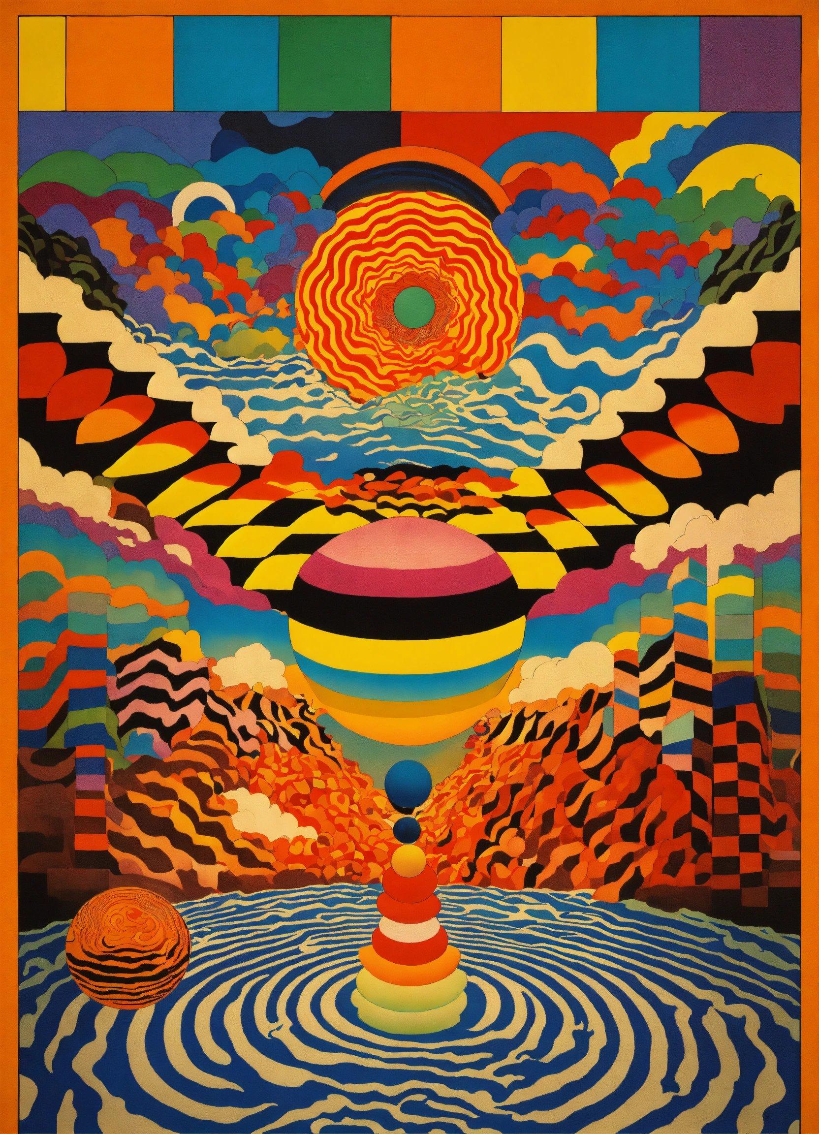 A Painting Of A Psychedelic Landscape With A Spiral Vortex