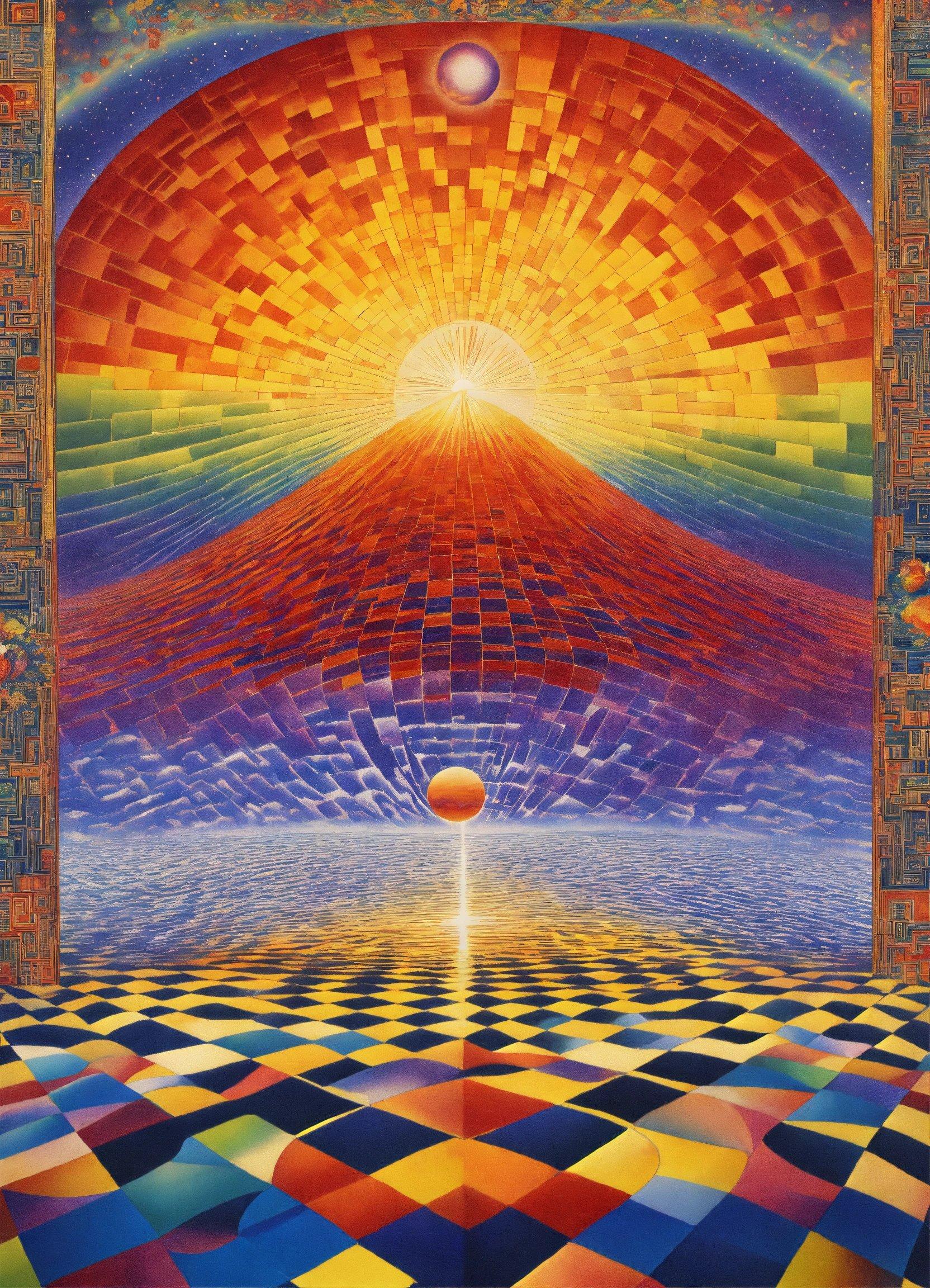 A Painting Of A Psychedelic Scene With A Ball In The Center