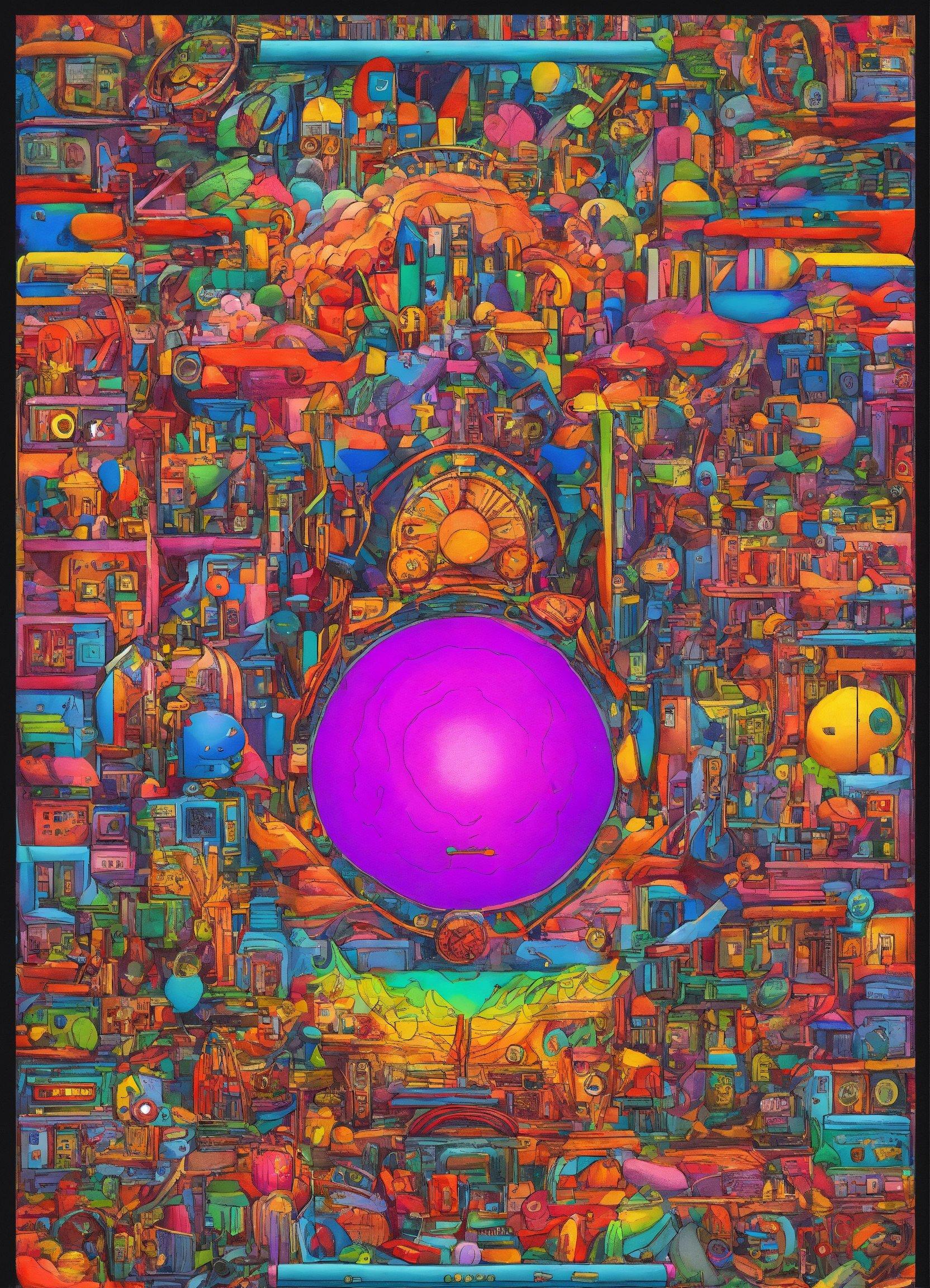 A Painting Of A Purple Ball Surrounded By Many Colorful Objects