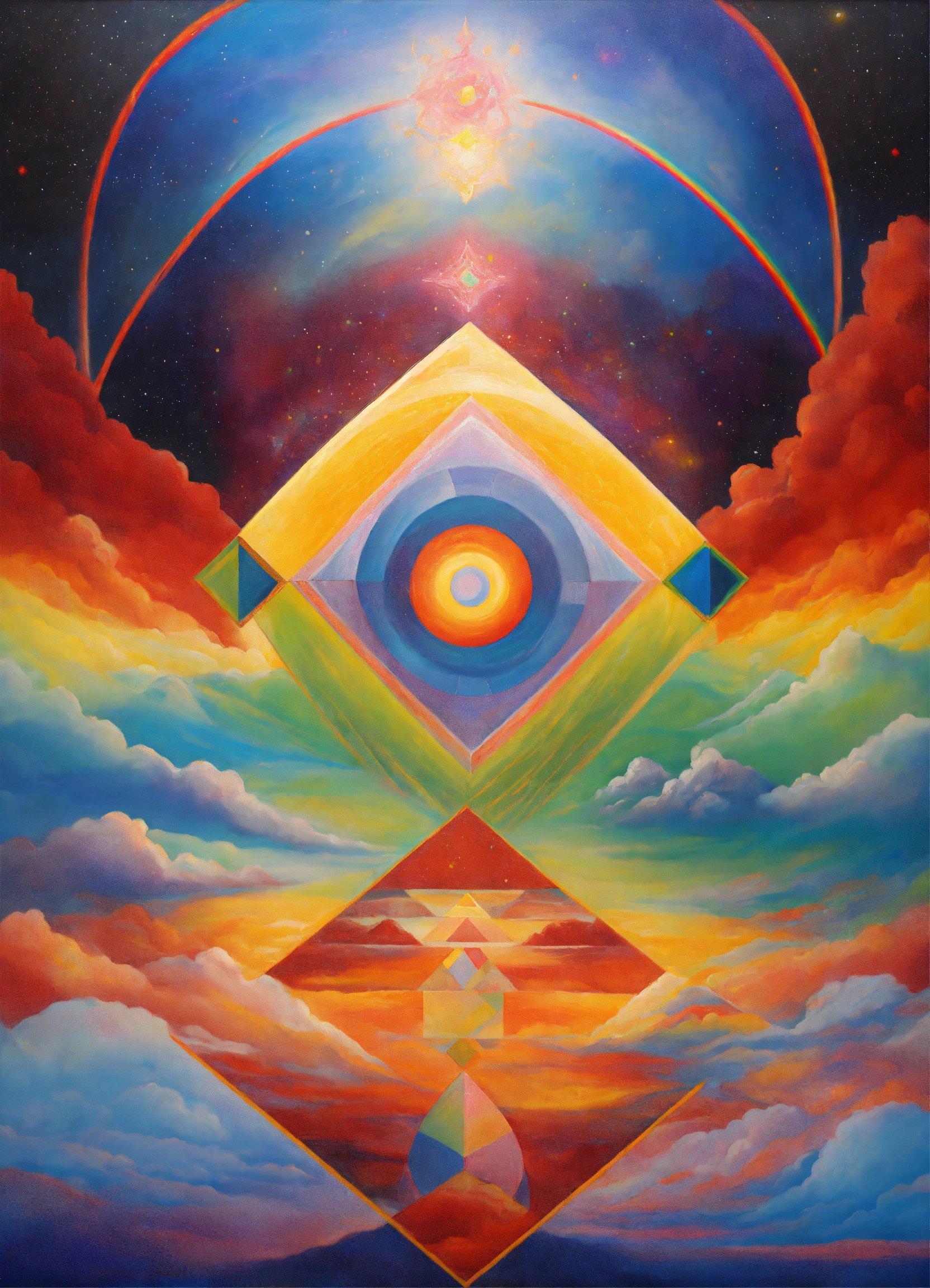 A Painting Of A Pyramid Surrounded By Clouds