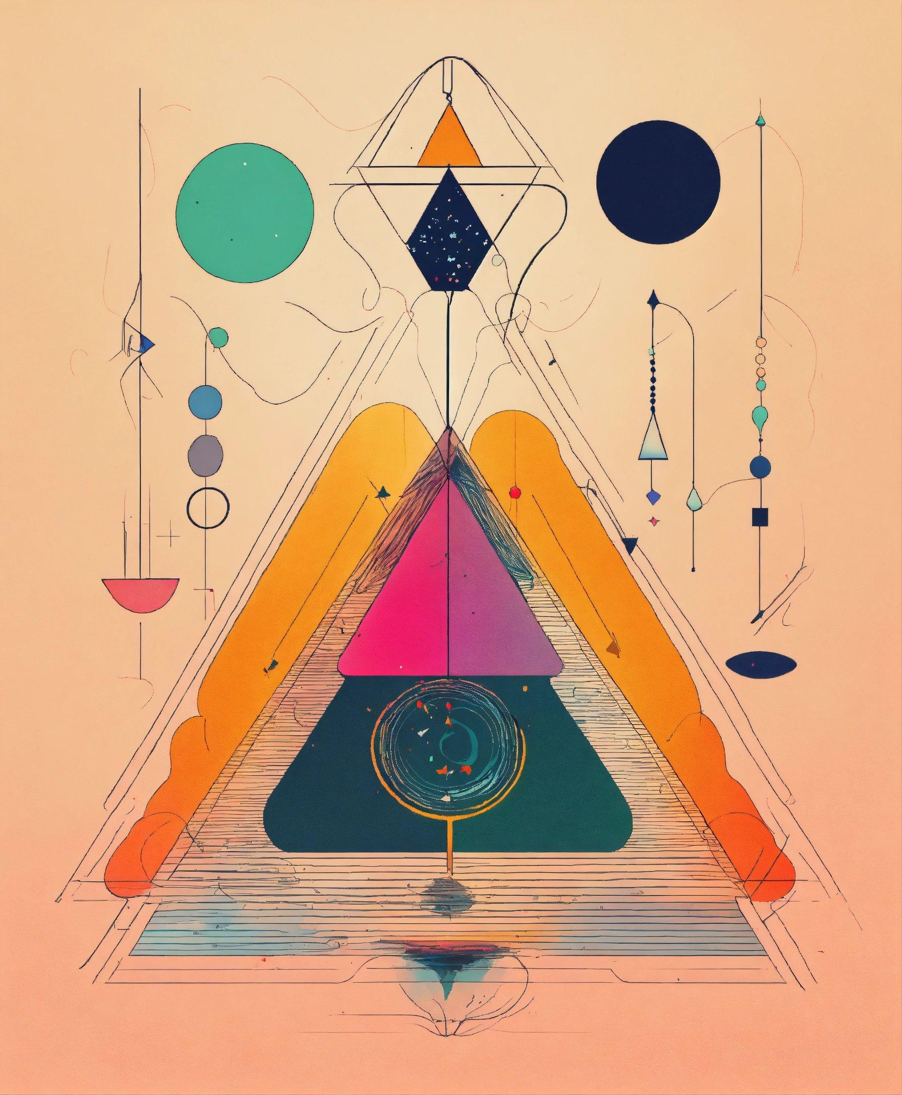 A Painting Of A Pyramid With Different Shapes And Sizes