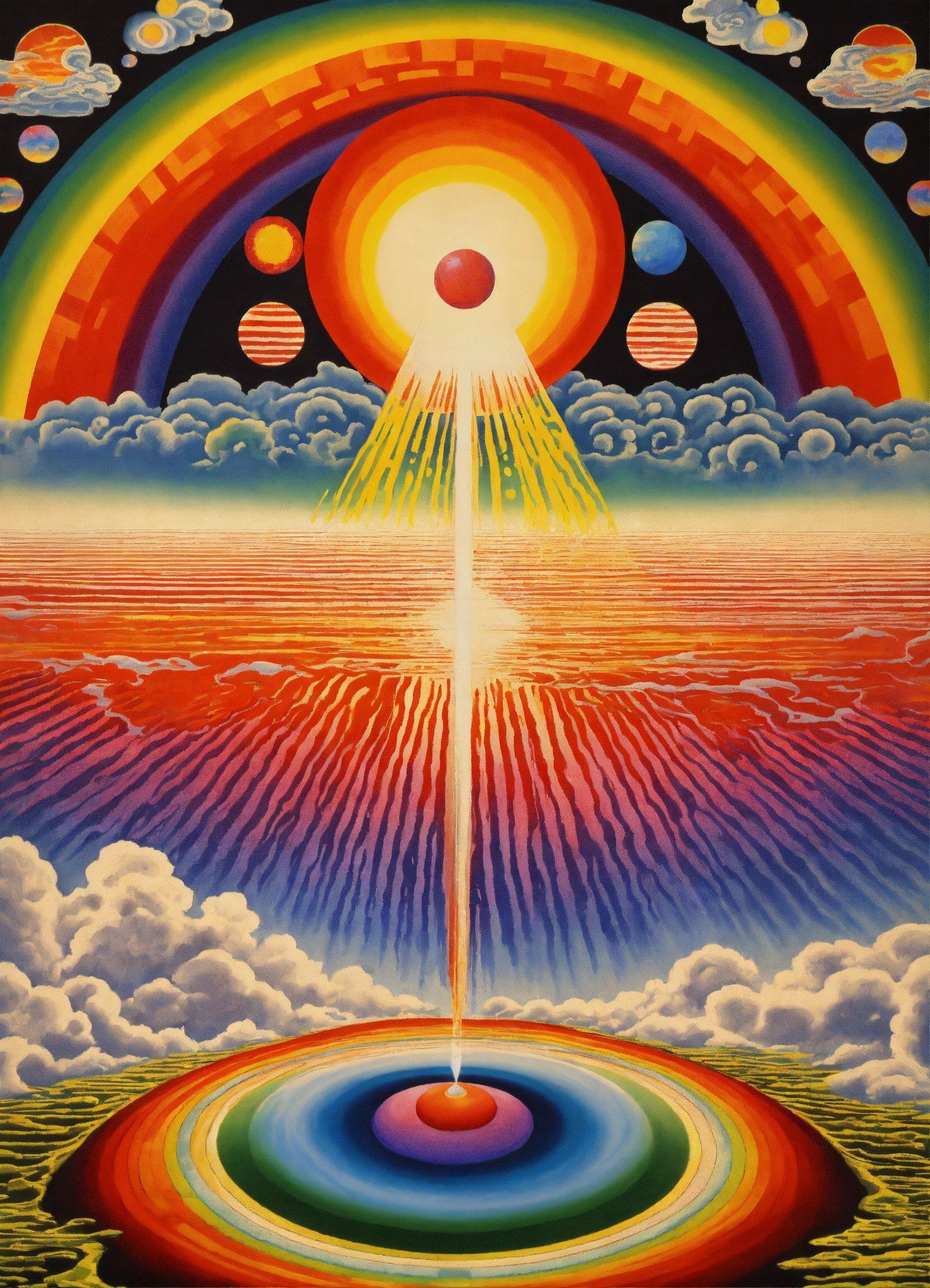 A Painting Of A Rainbow - Colored Sky With Clouds And A Rainbow - Colored Sun