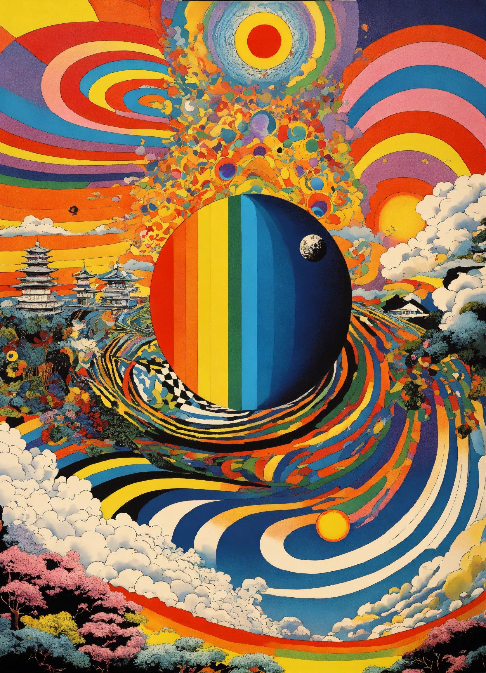 A Painting Of A Rainbow - Colored Sphere Surrounded By Clouds