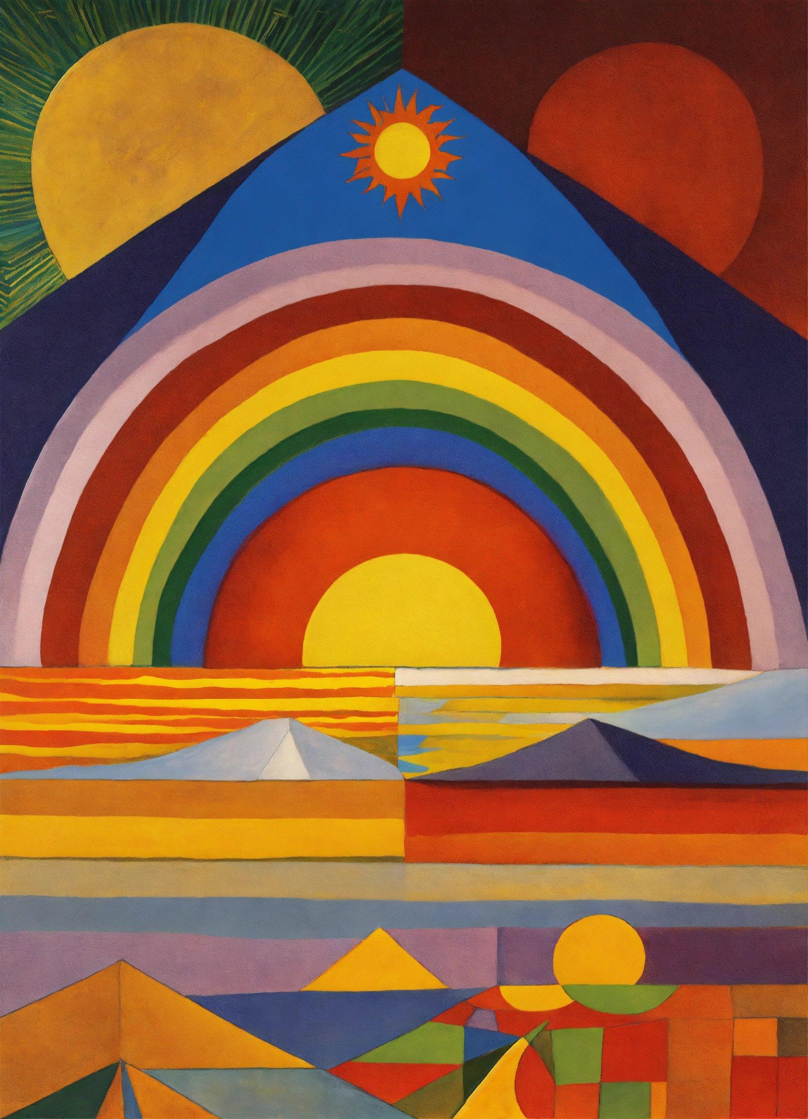 A Painting Of A Rainbow And Mountains