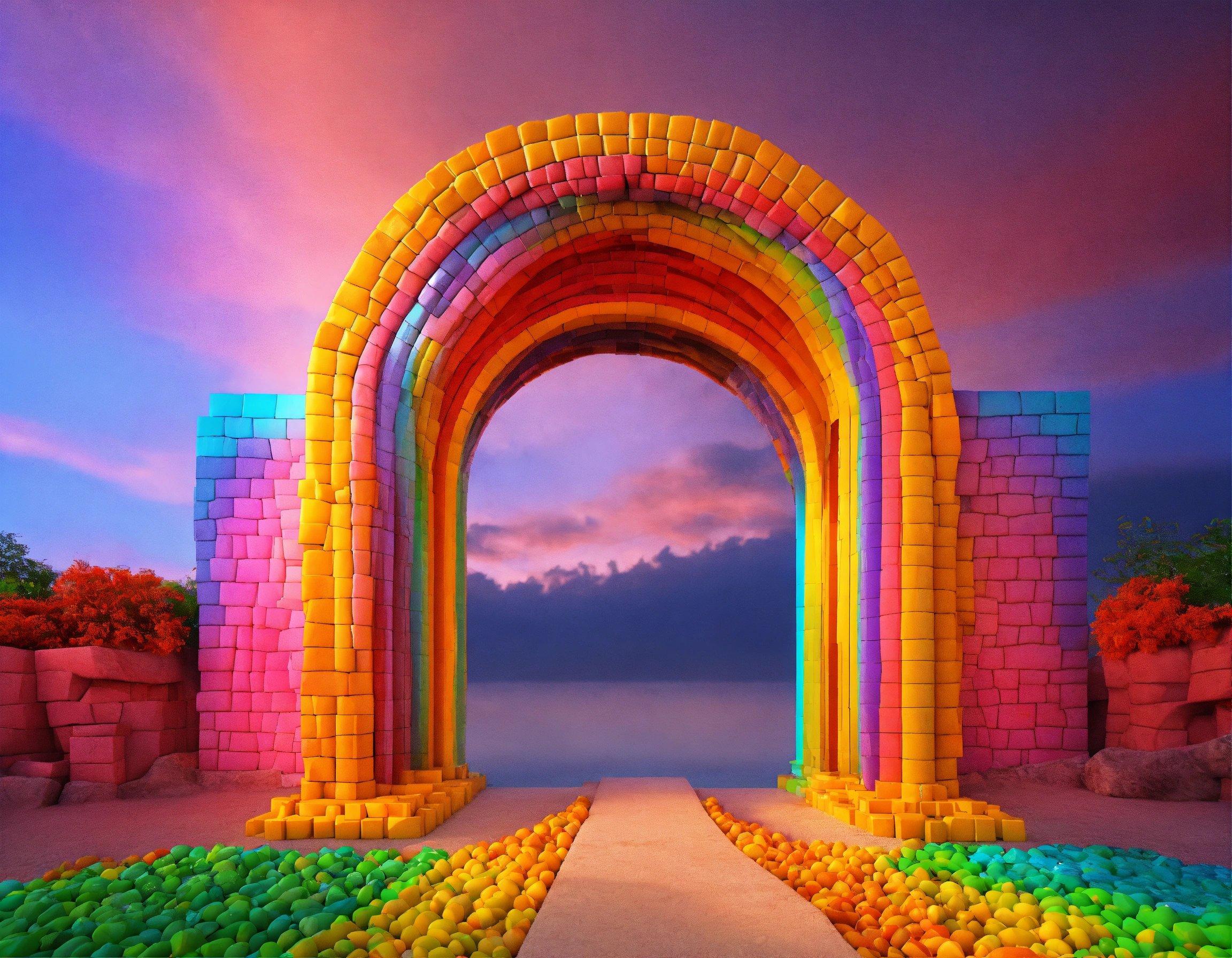 A Painting Of A Rainbow Colored Archway Leading To A Body Of Water