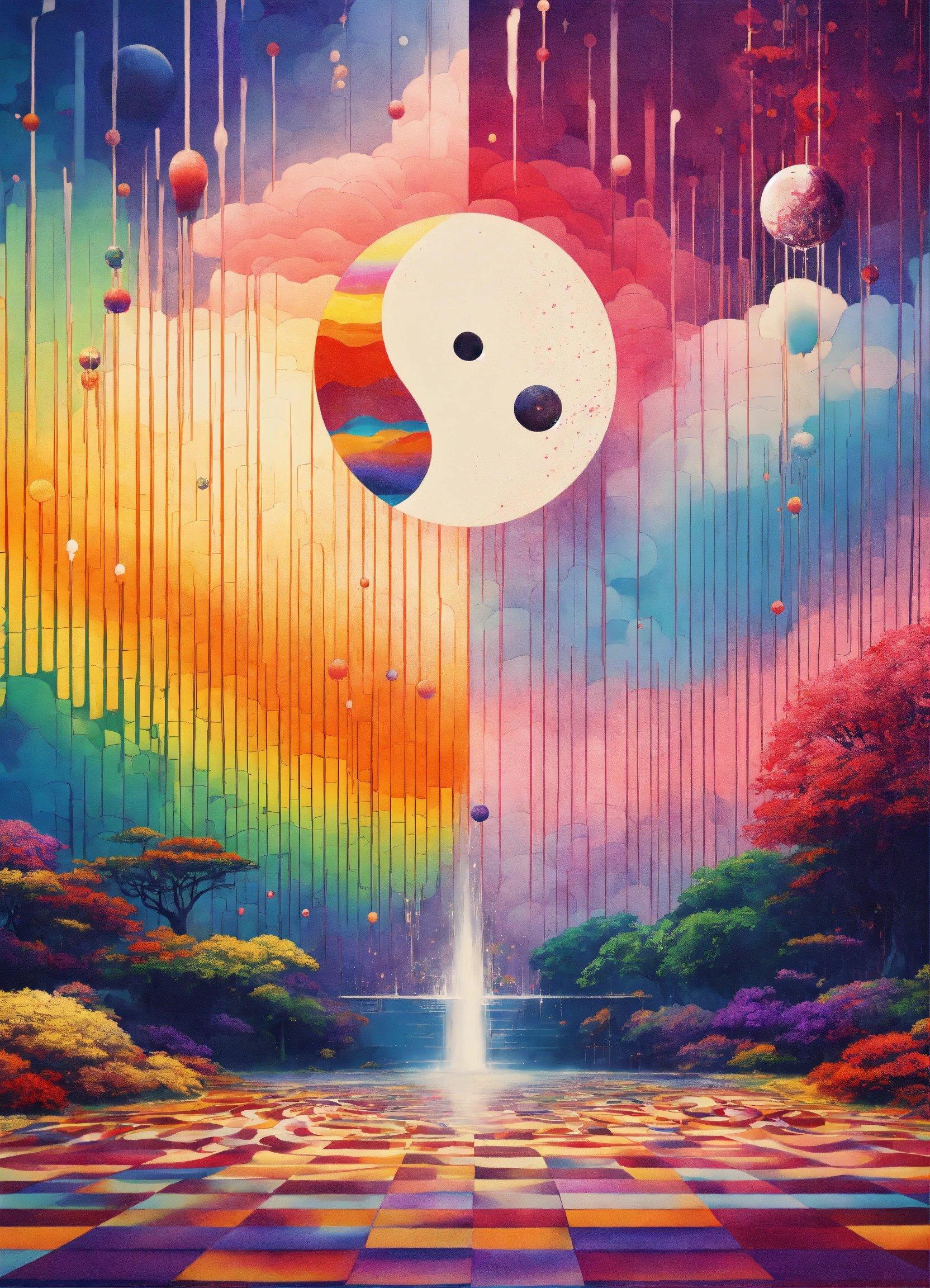 A Painting Of A Rainbow Colored Landscape With A Panda Face Hanging From The Ceiling