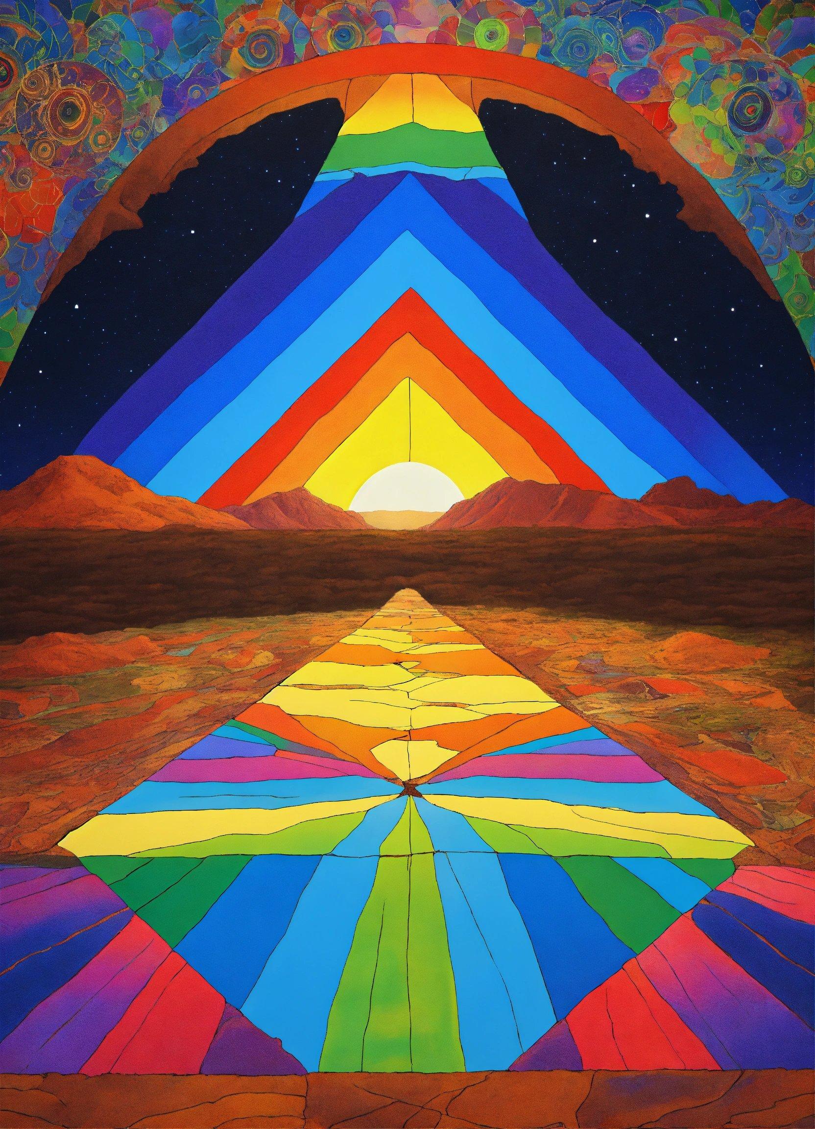 A Painting Of A Rainbow Colored Pyramid In A Desert