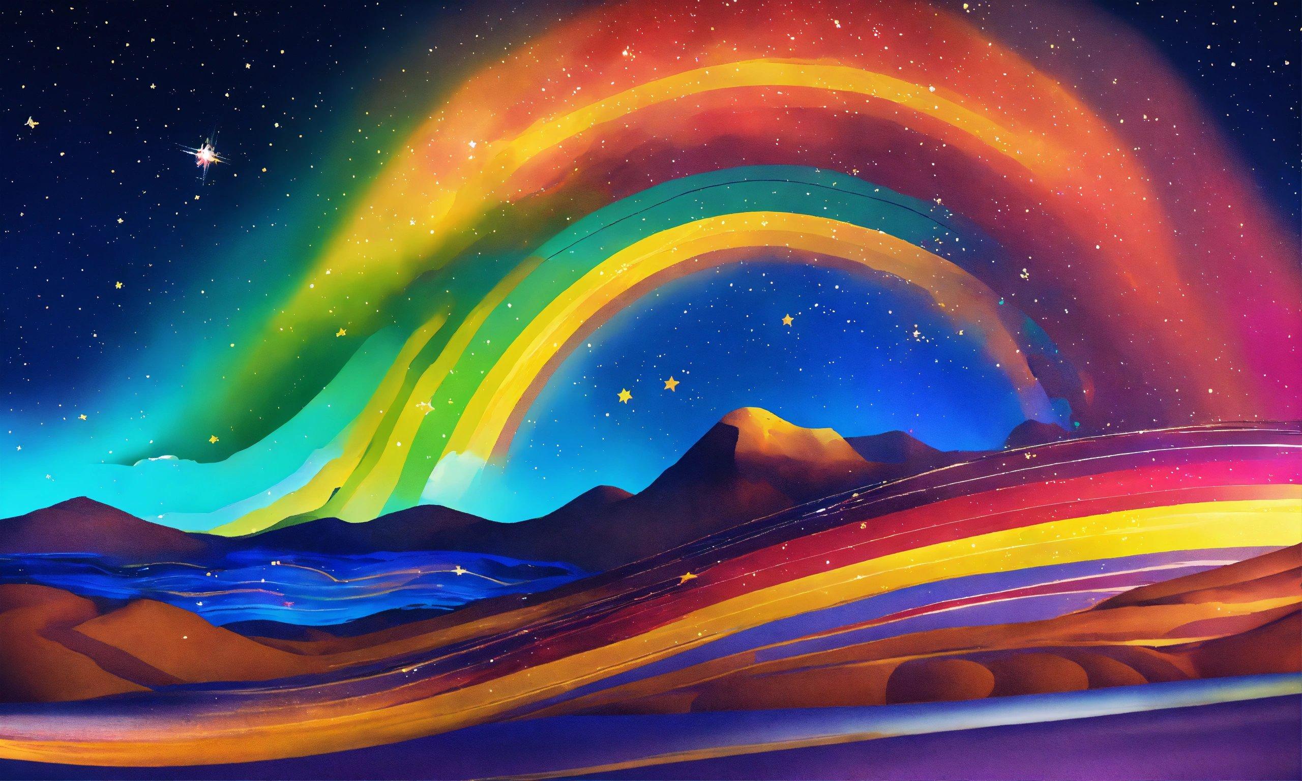 A Painting Of A Rainbow Colored Sky With Mountains And Stars