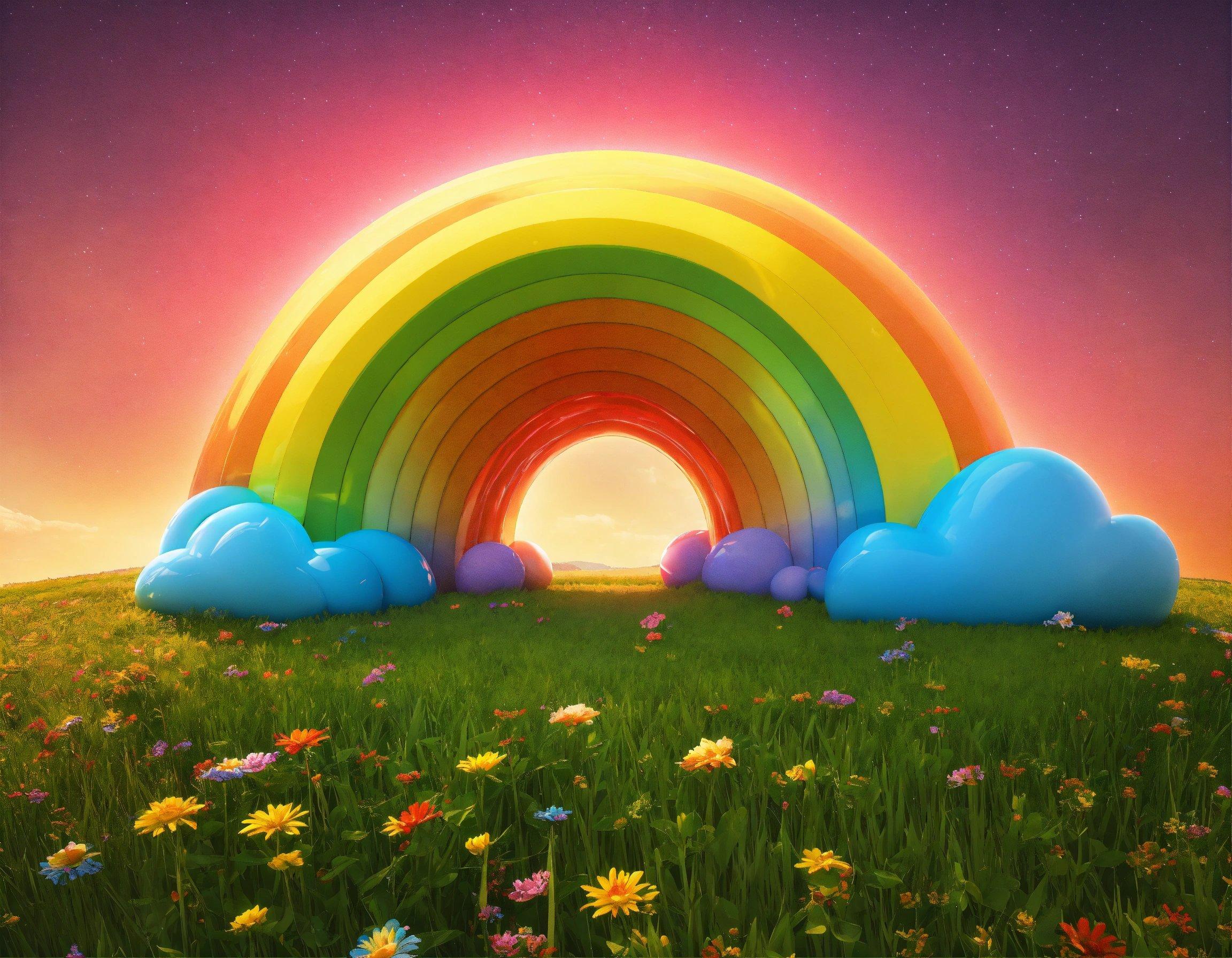 A Painting Of A Rainbow In A Field Of Flowers