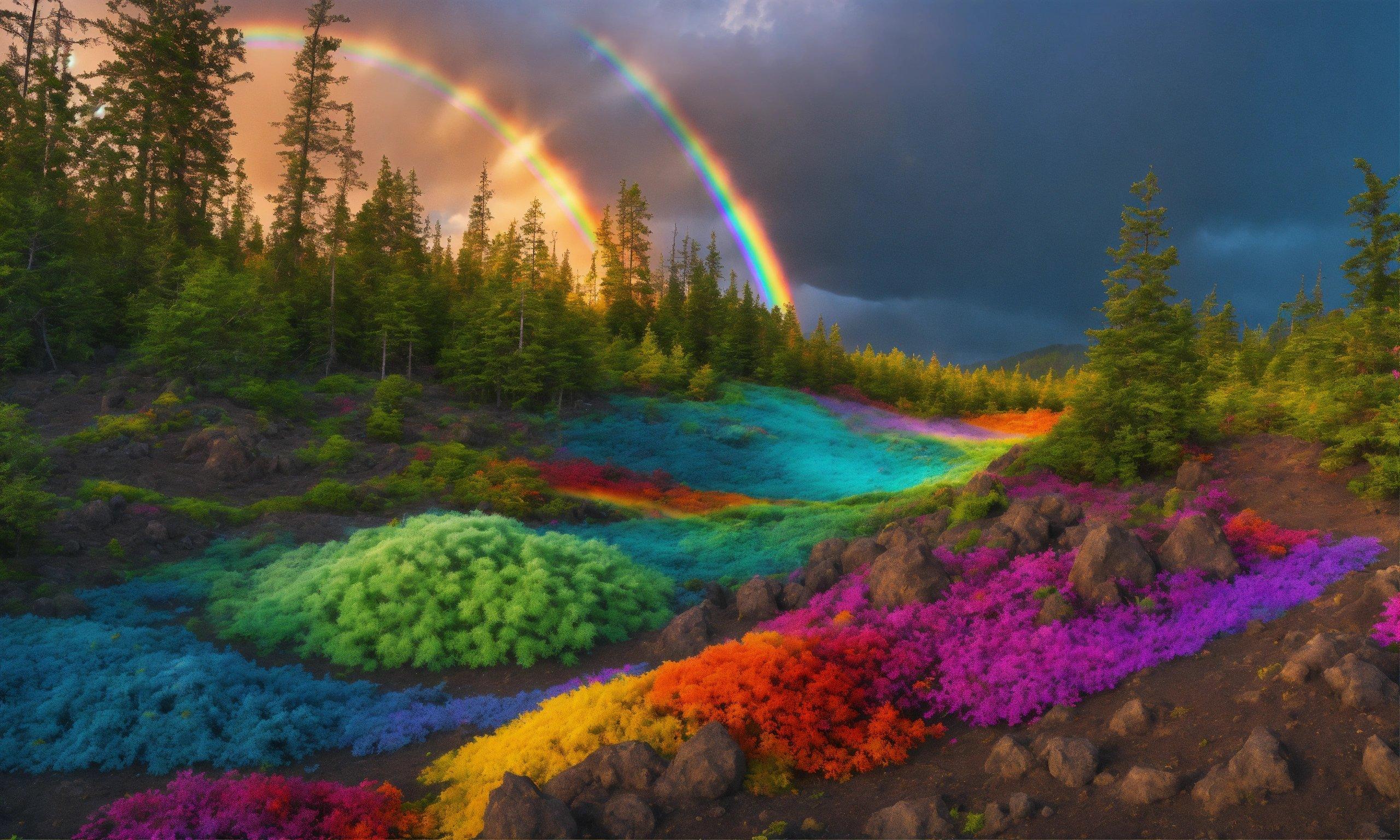 A Painting Of A Rainbow In The Middle Of A Forest