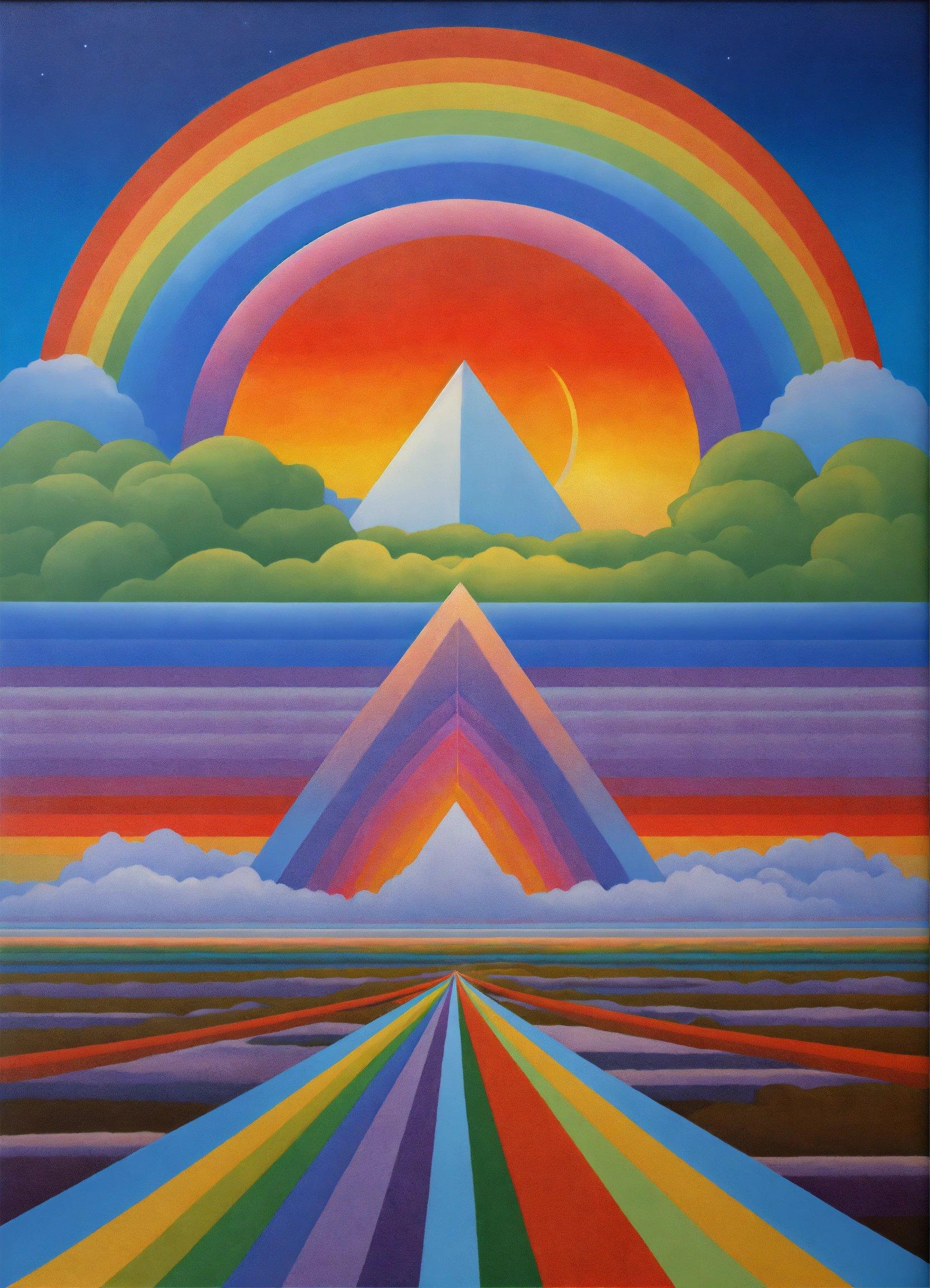 A Painting Of A Rainbow Landscape With Mountains And Clouds