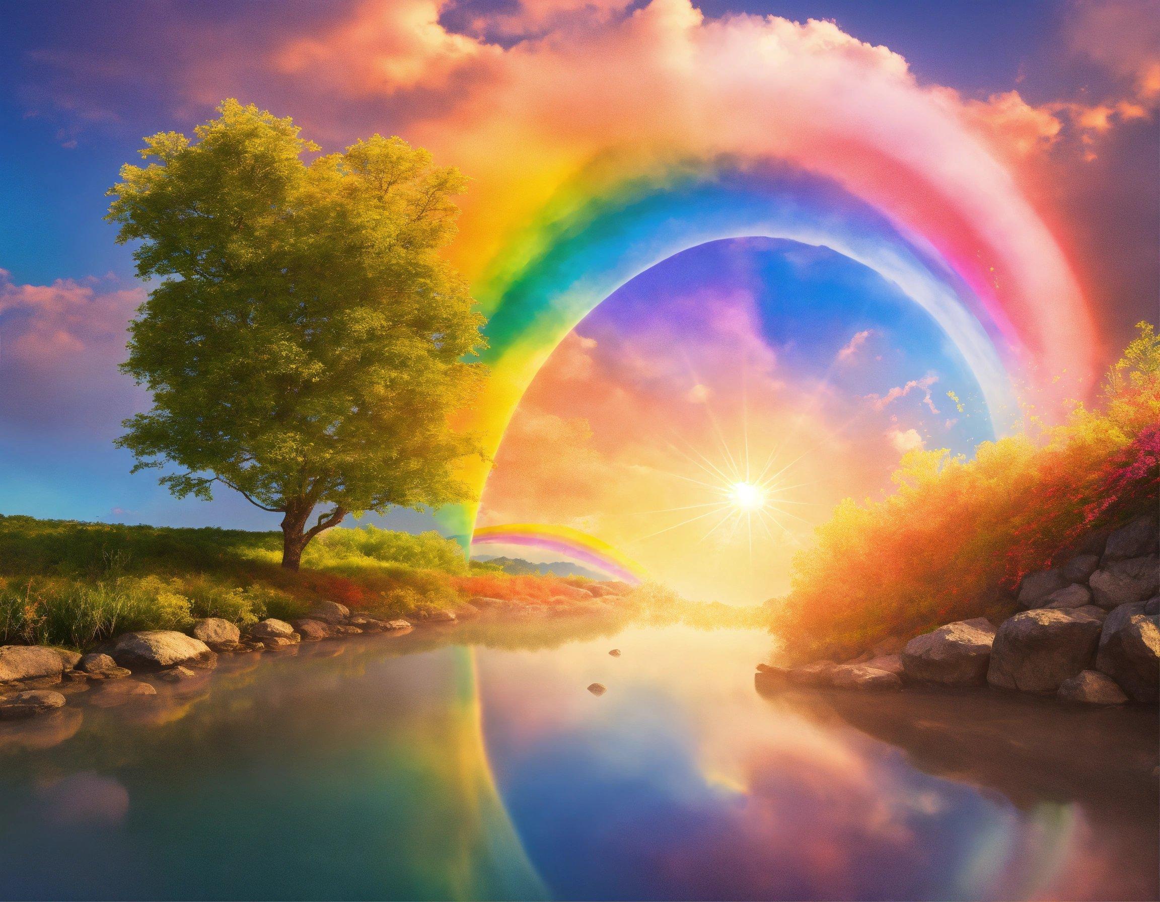 A Painting Of A Rainbow Over A River