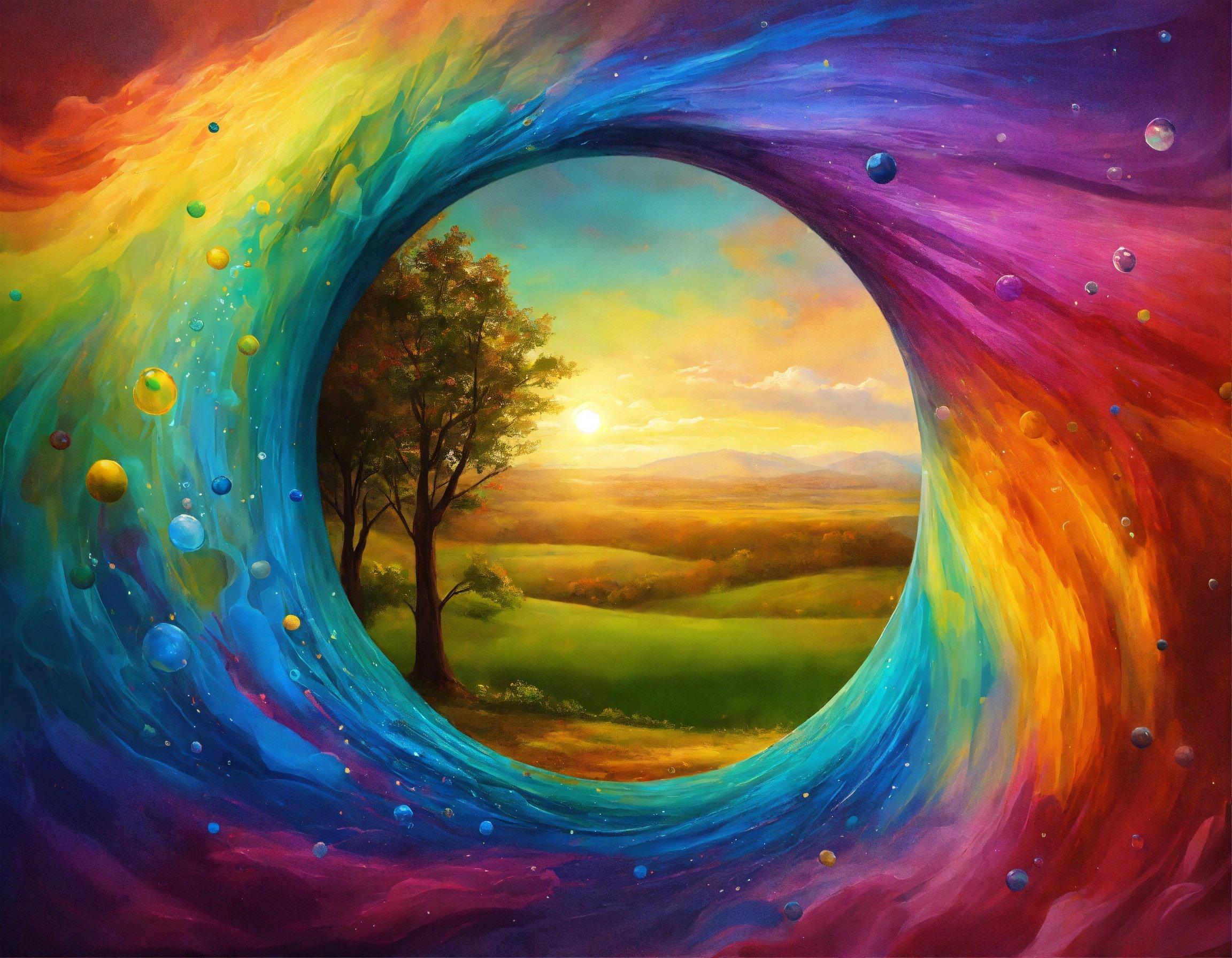 A Painting Of A Rainbow Swirl With A Tree In The Center