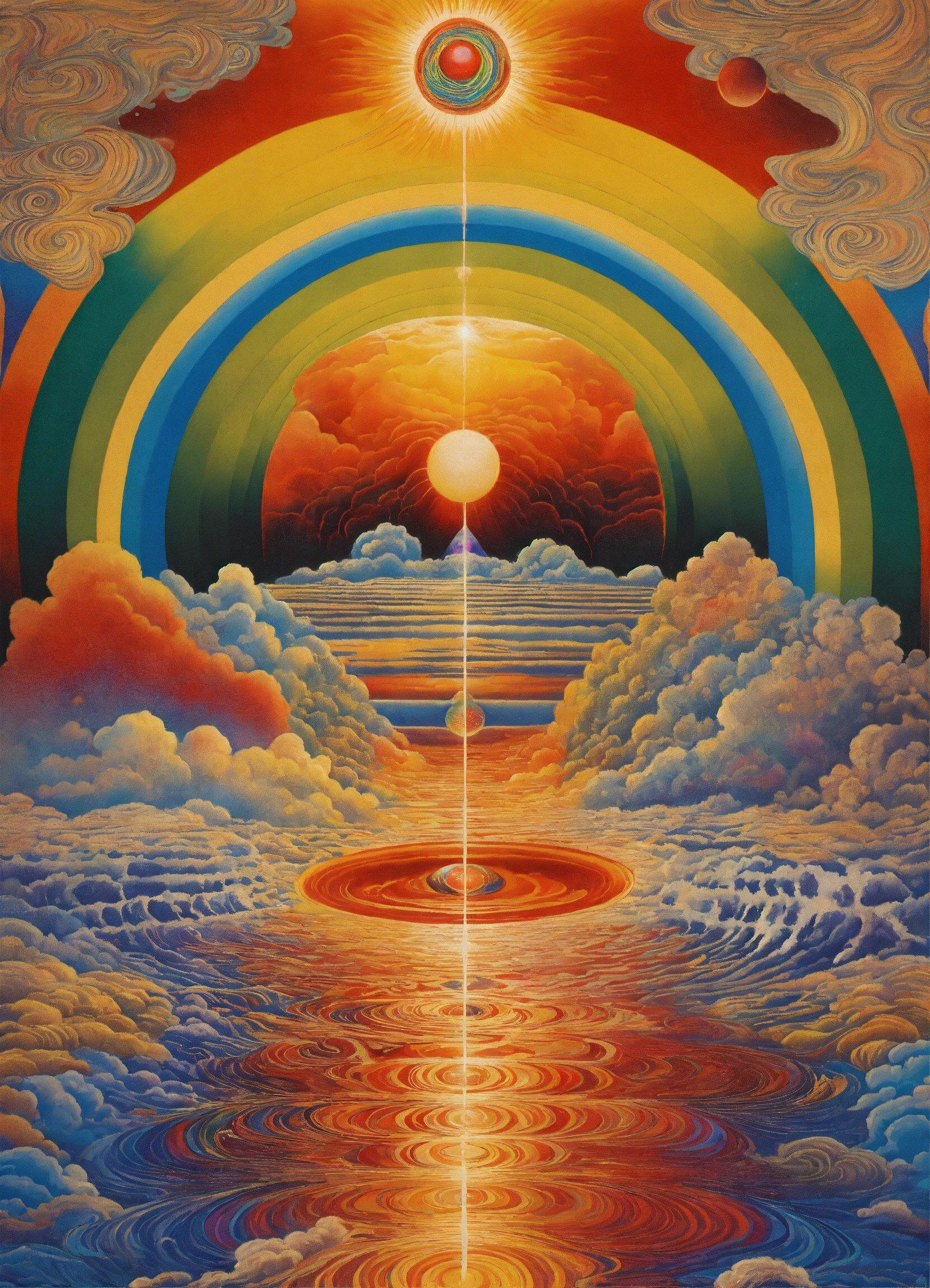 A Painting Of A Rainbow With Clouds And A Sun