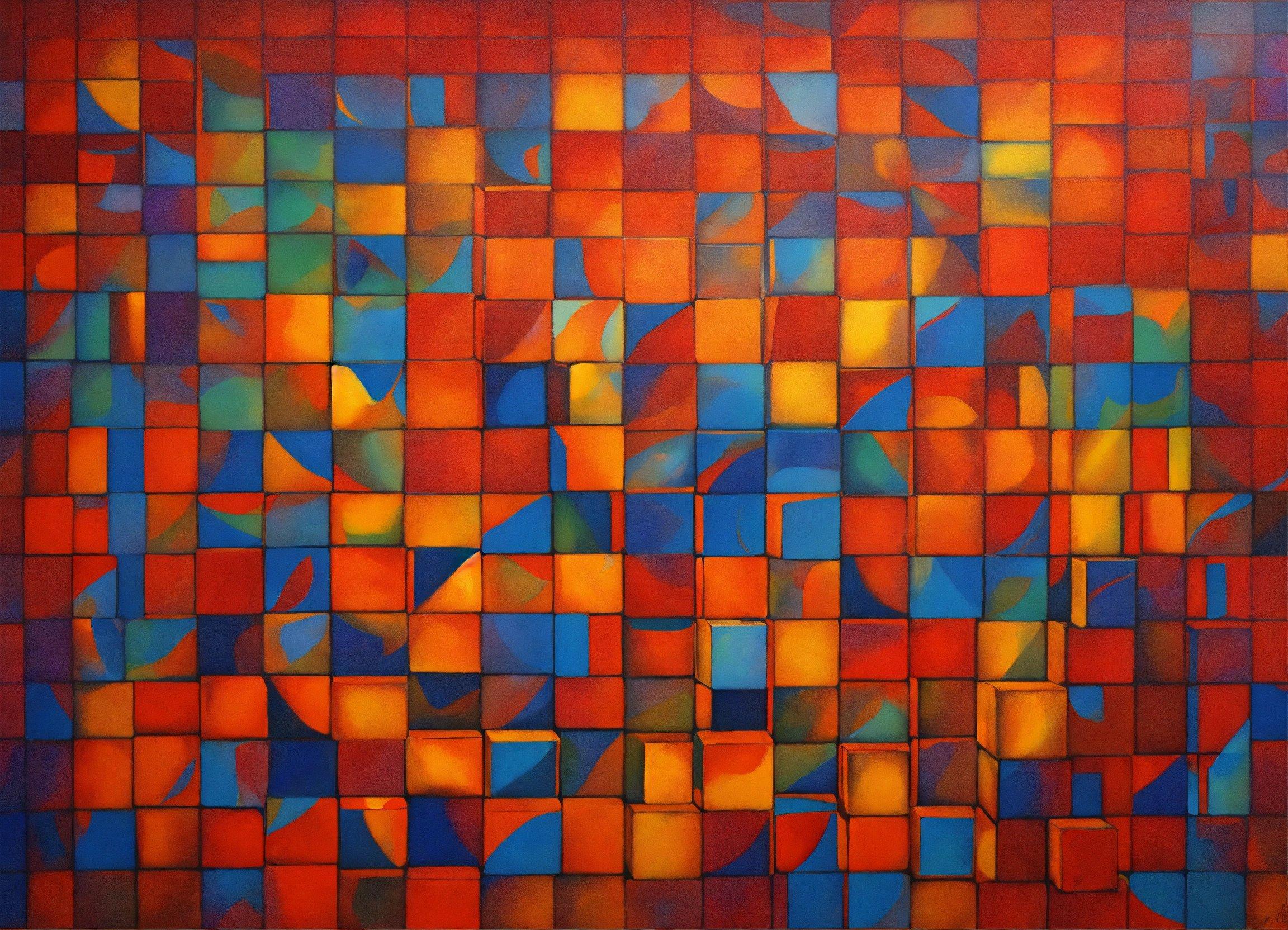 A Painting Of A Red And Blue Tiled Wall