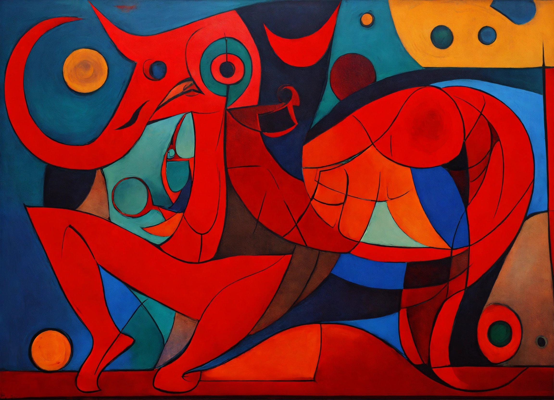 A Painting Of A Red Horse With A Blue Background