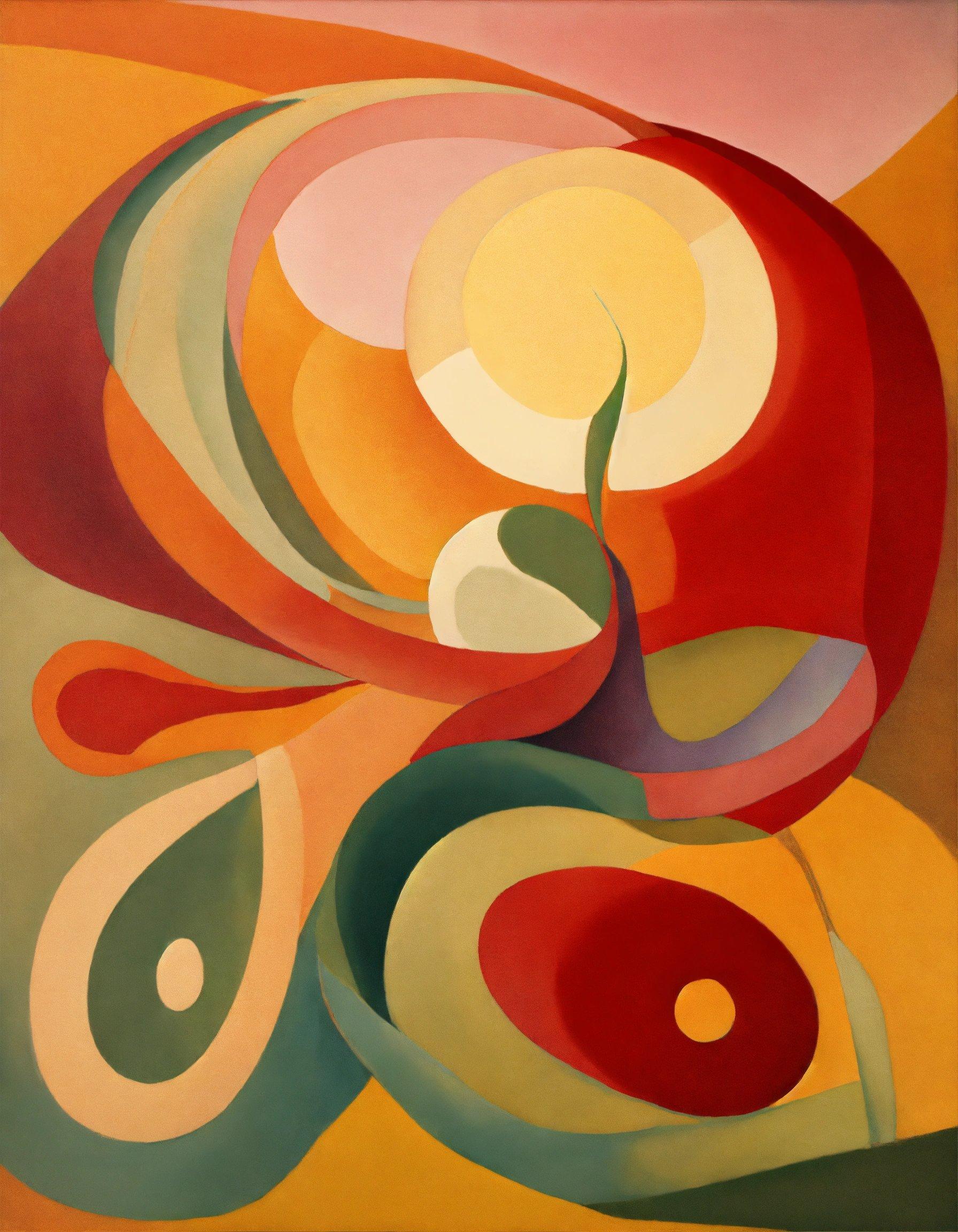 A Painting Of A Red, Yellow, And Green Abstract Design