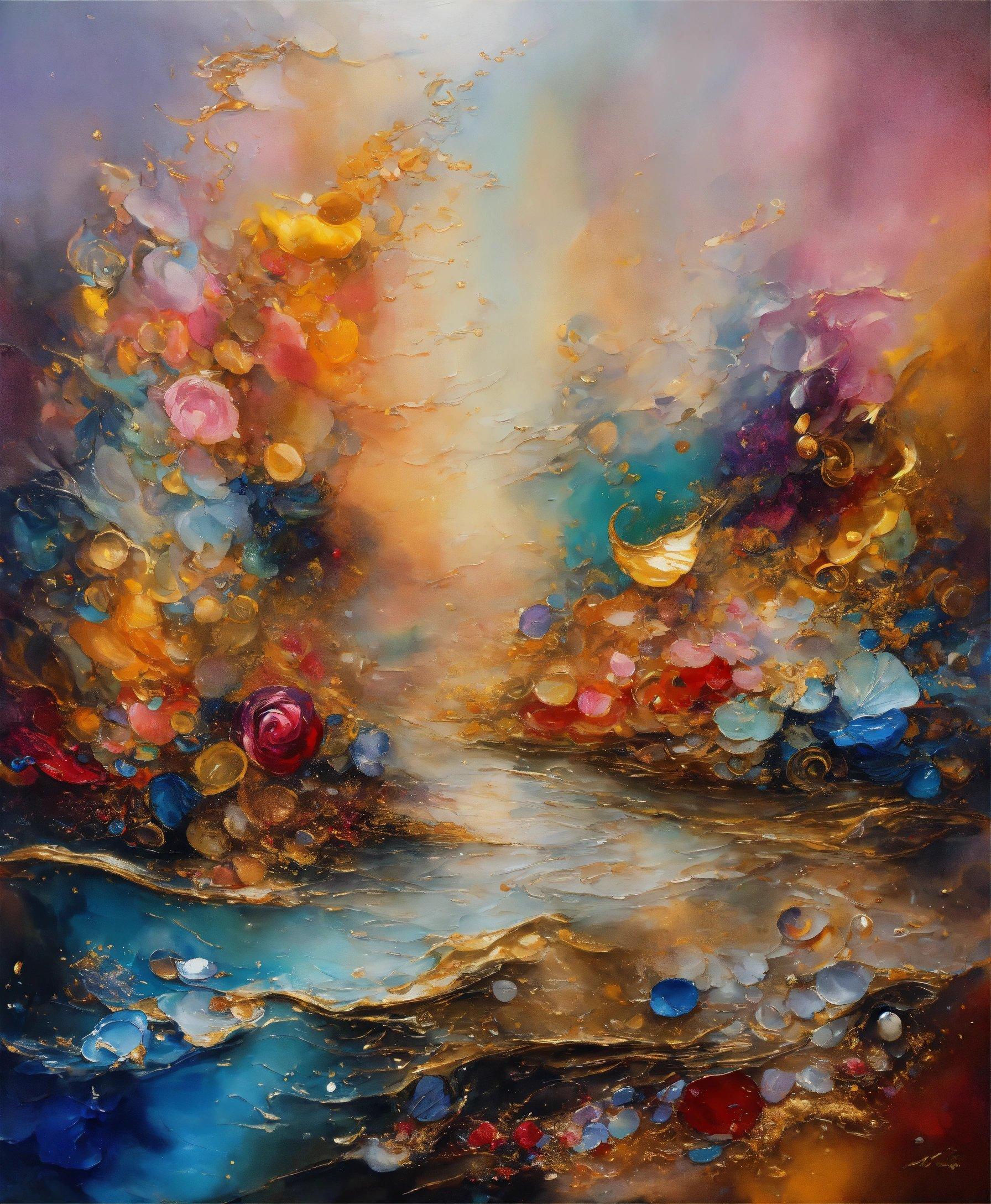 A Painting Of A River Surrounded By Bubbles