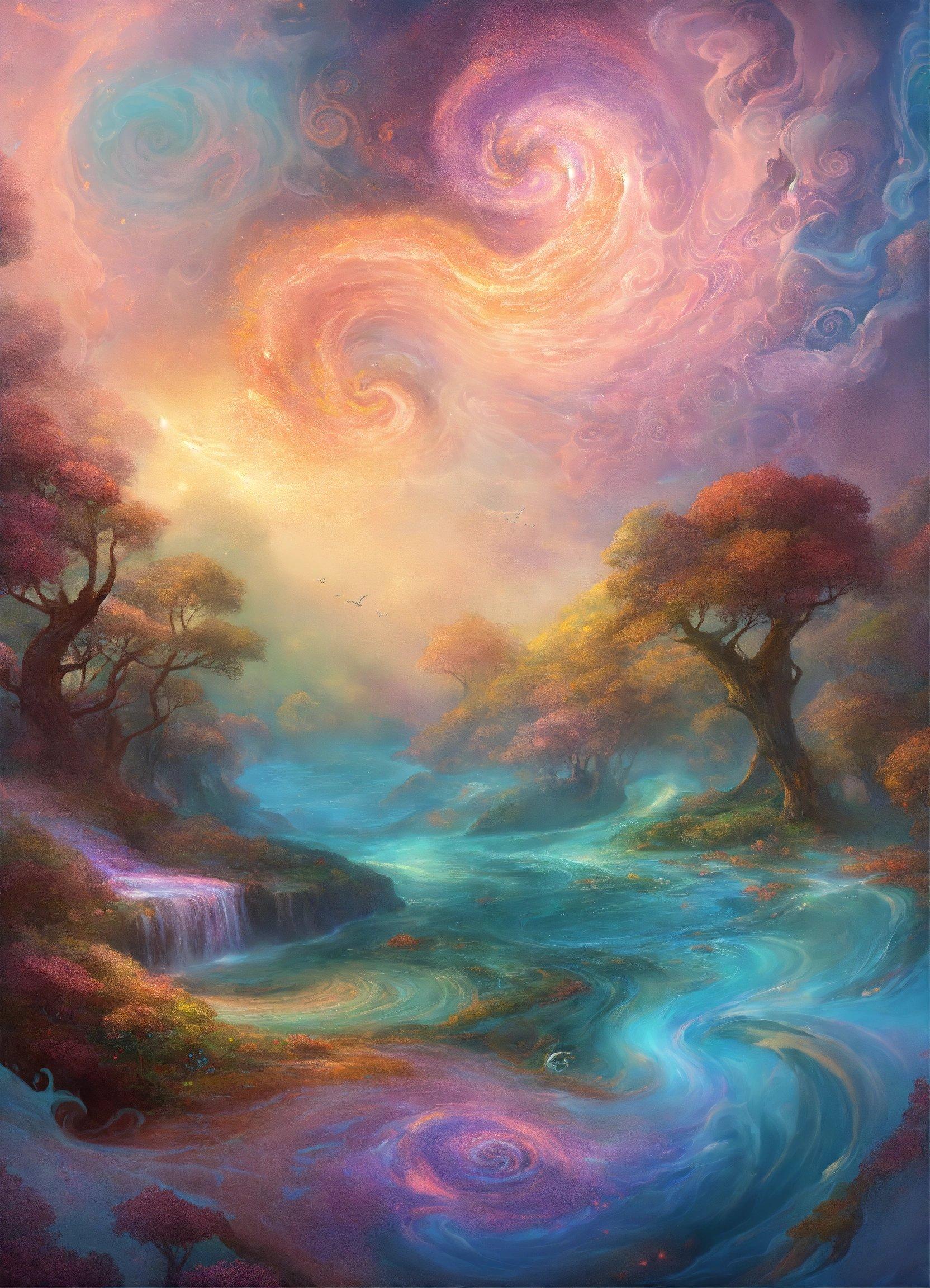 A Painting Of A River With Trees And A Swirly Sky