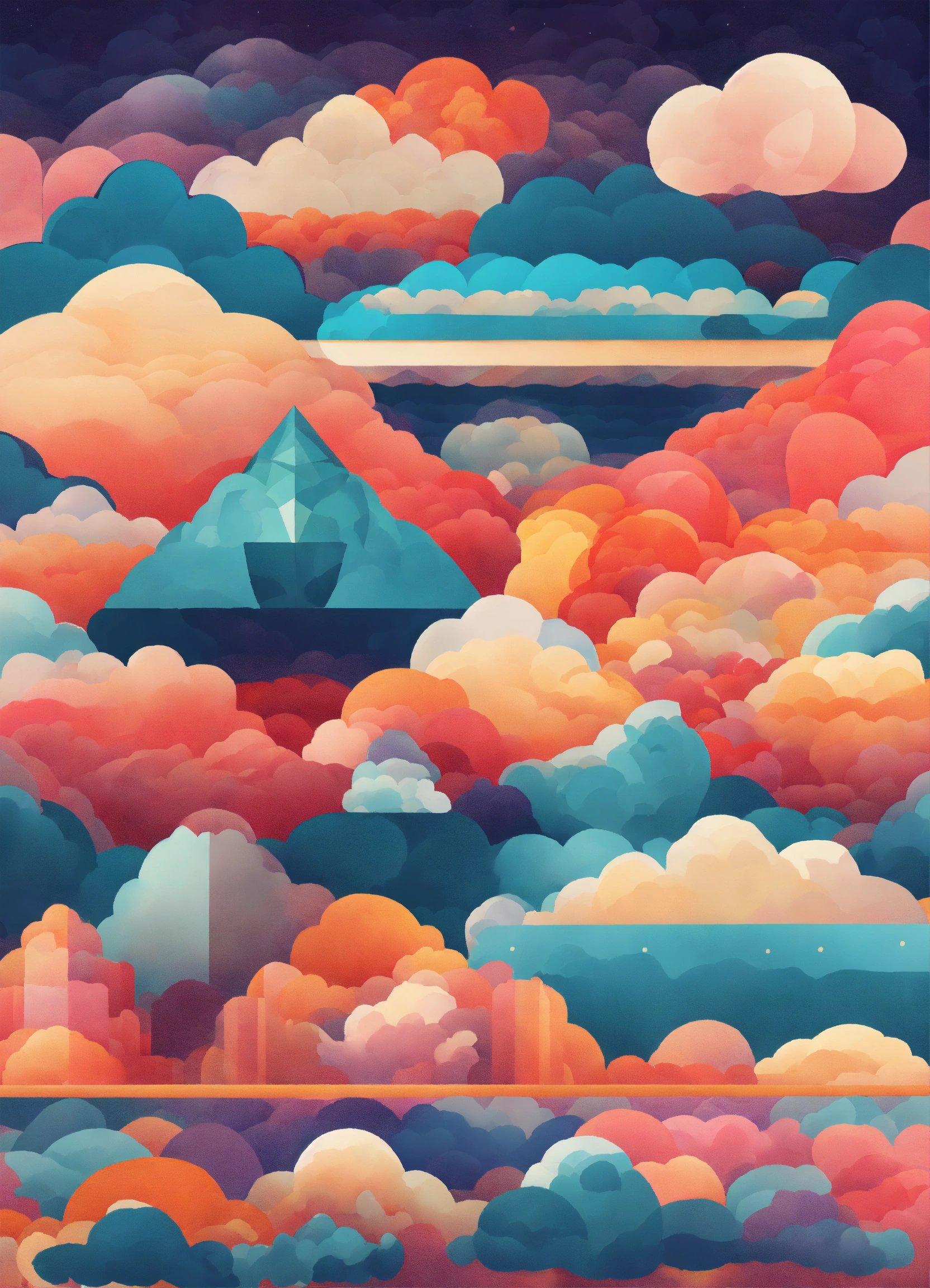 A Painting Of A Sky With Clouds And Mountains