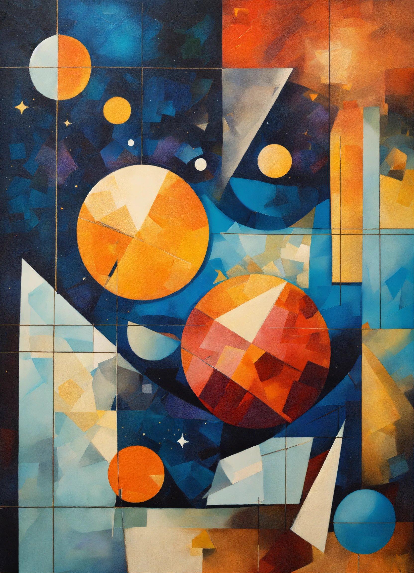 A Painting Of A Space Scene With Oranges And Blue