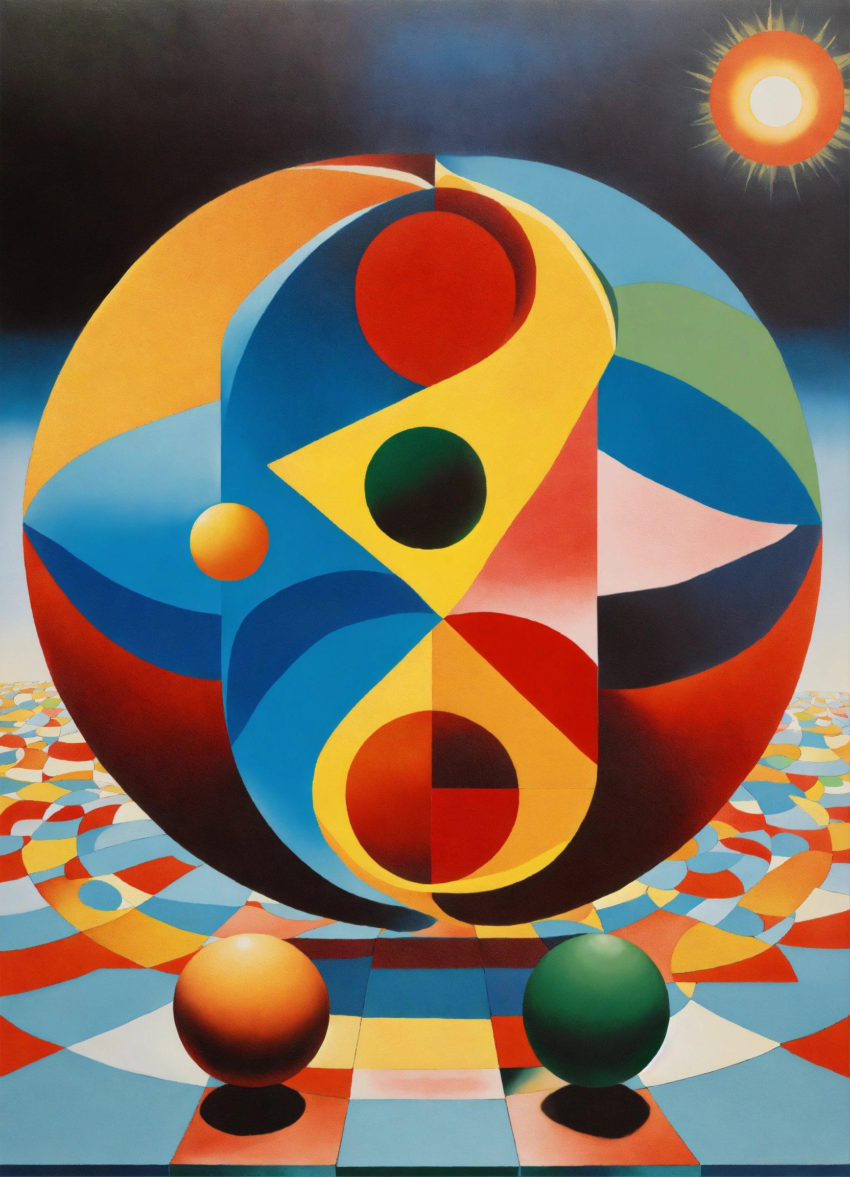 A Painting Of A Sphere With A Sun In The Background