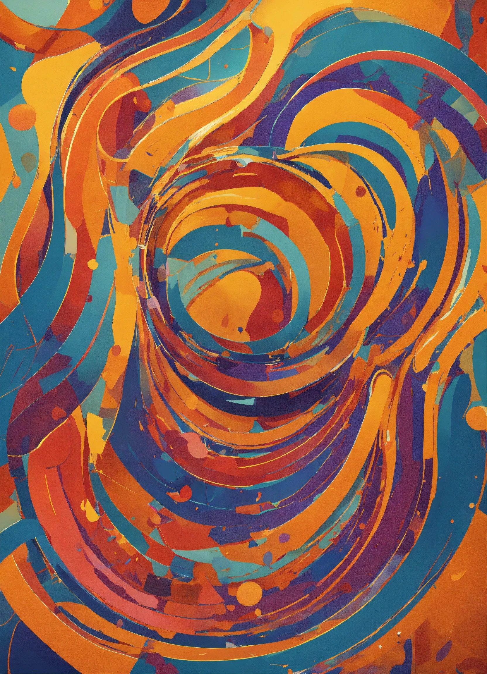 A Painting Of A Spiral Design In Orange, Blue, And Red