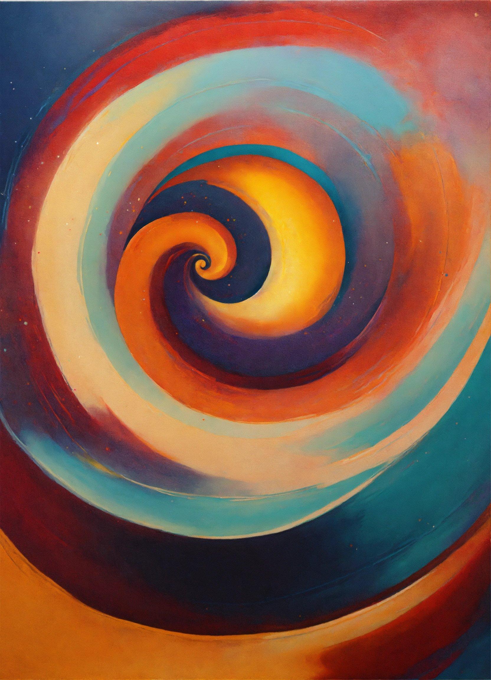 A Painting Of A Spiral Design In Orange, Blue, And Yellow