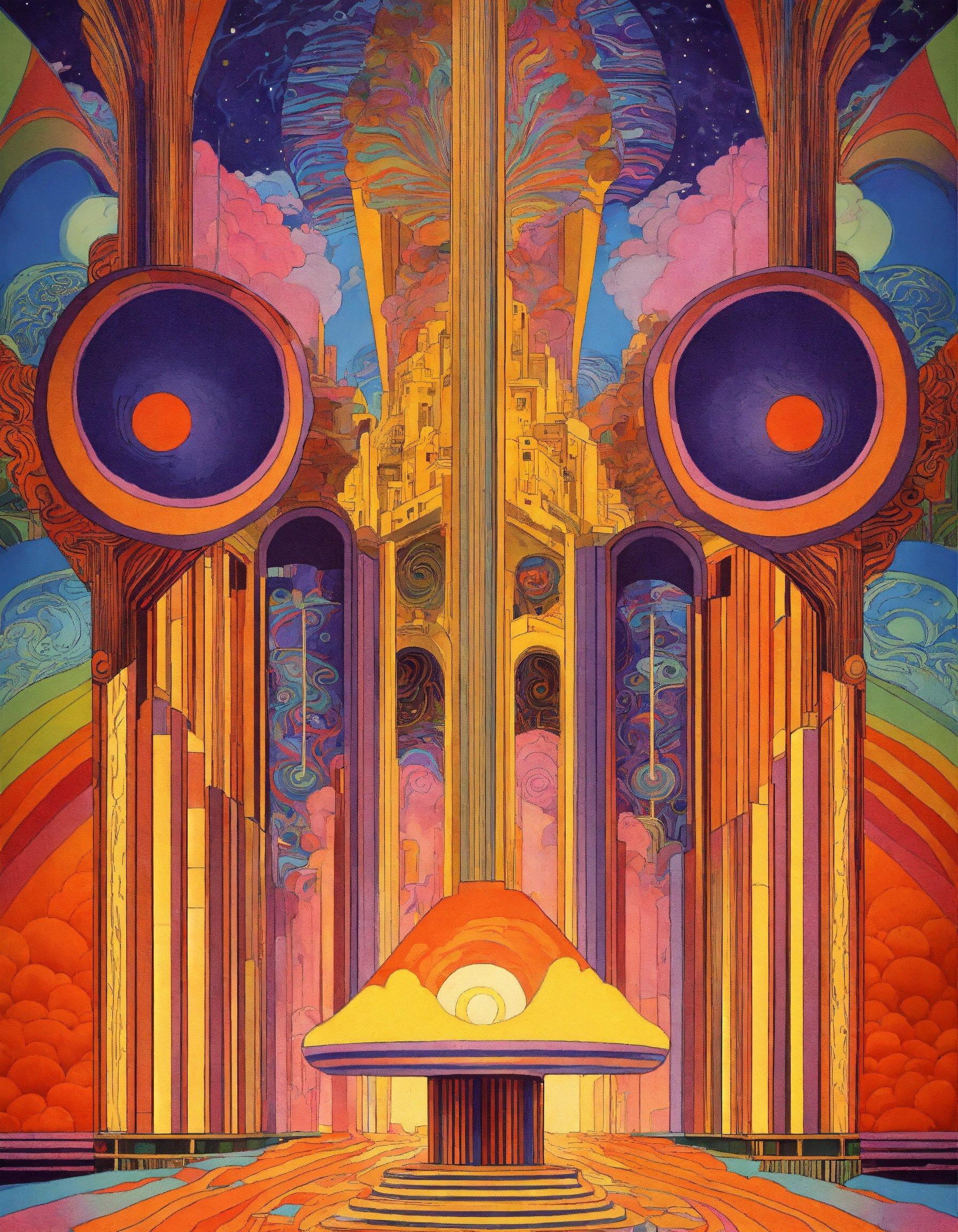 A Painting Of A Stage With Speakers On It