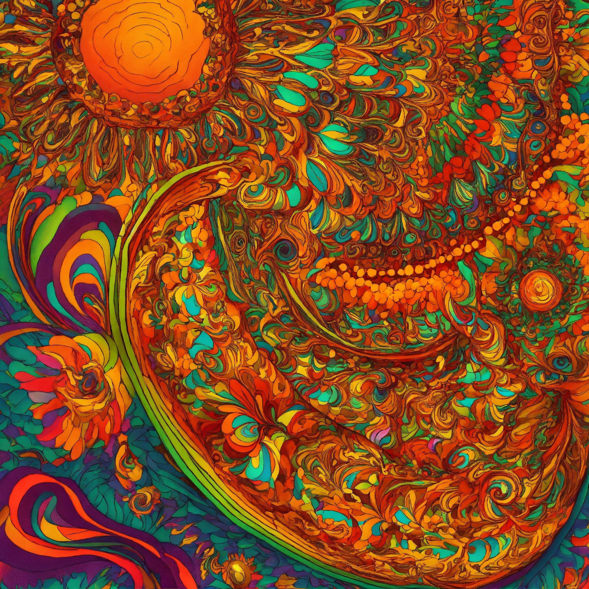 A Painting Of A Sun And A Swirly Background