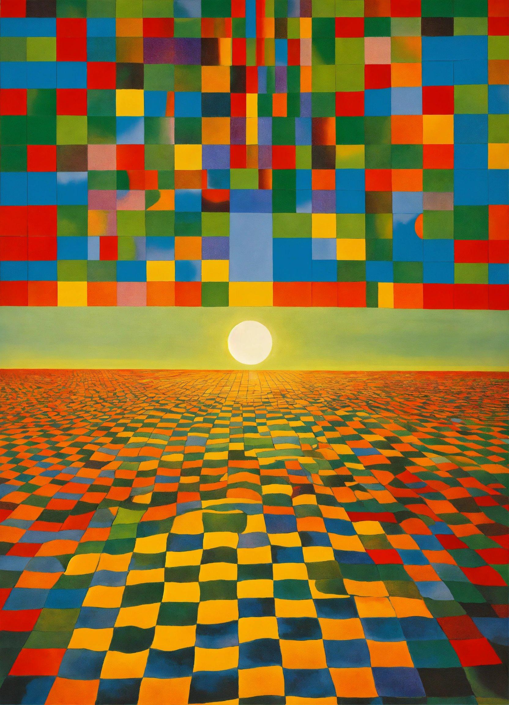 A Painting Of A Sun Setting Over A Checkered Floor